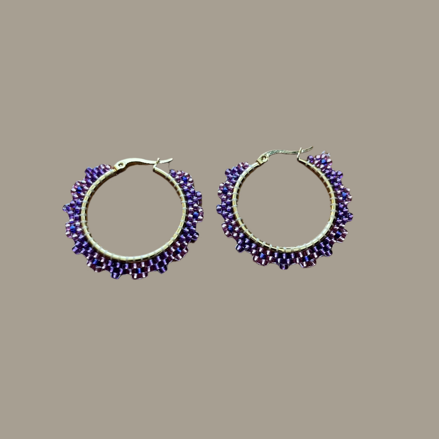 Medium Purple Floral Beaded Hoop Earrings