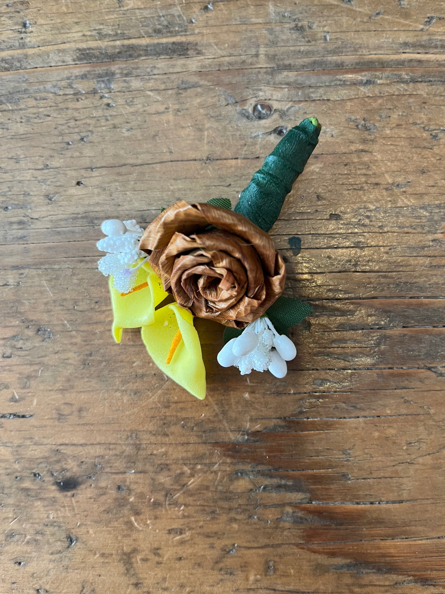 Cedar Rose Pin with Faux Yellow Lily Foral