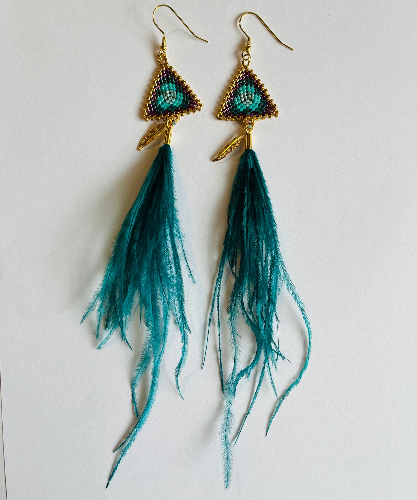 Beaded Triangle Earrings with Feathers - Turquoise with Fuscia Trim