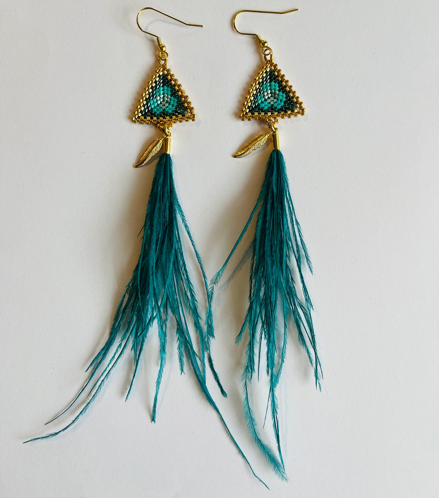 Beaded Triangle Earrings with Feathers - Turquoise with Gold Trim