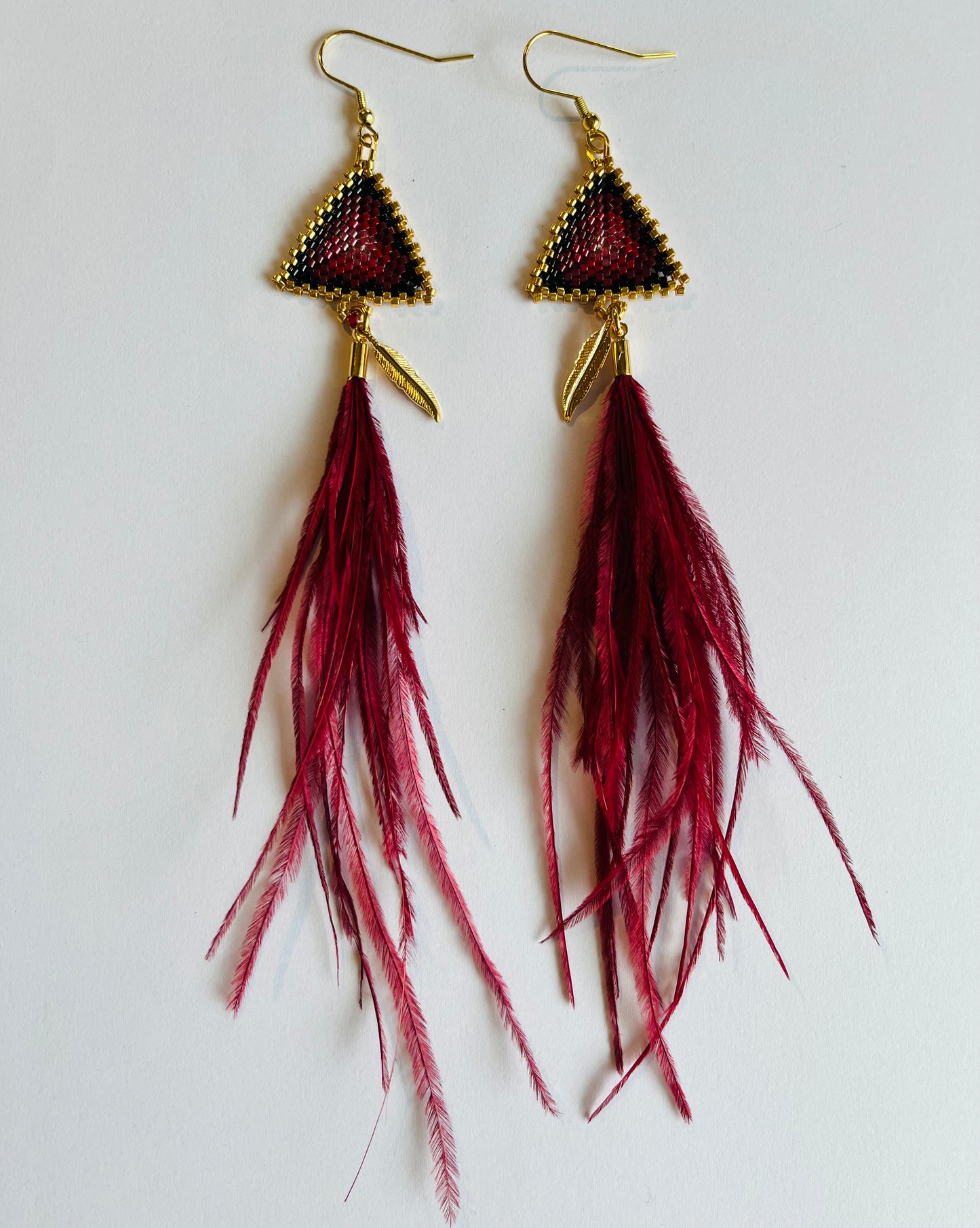 Beaded Triangle Earrings with Feathers - Cranberry and Black