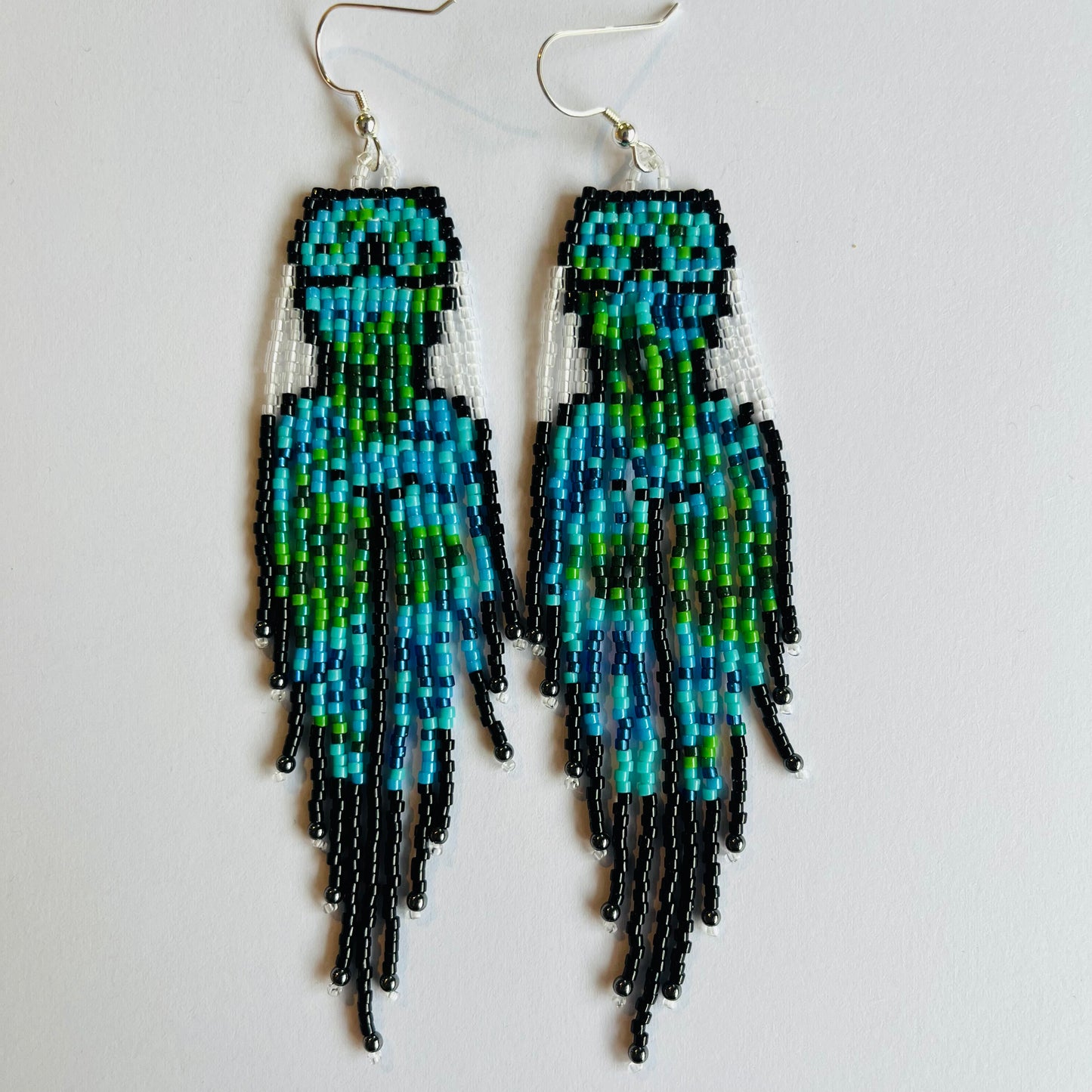 Woman's Body in Blues and Greens Fringe Earrings
