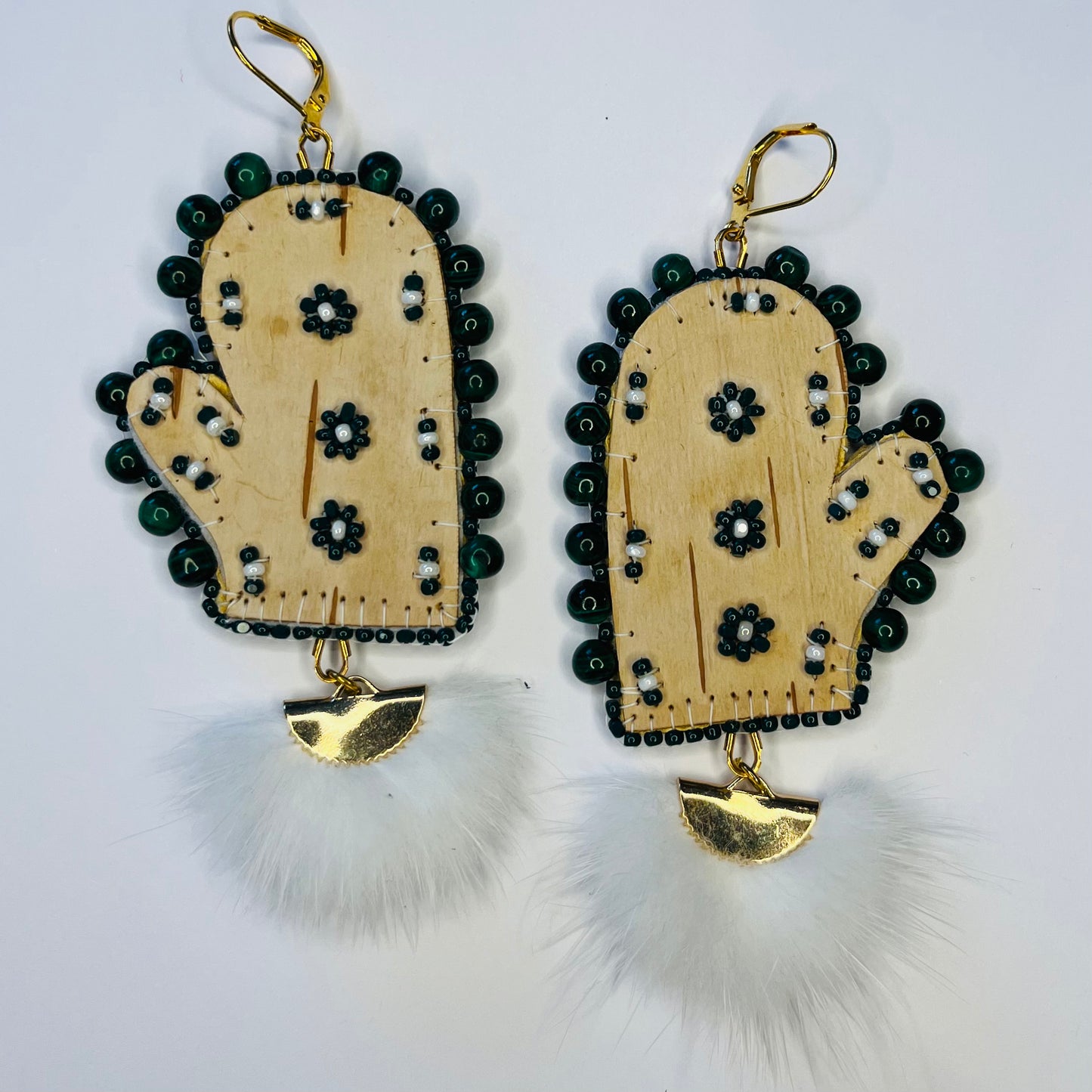 Green Bead and Birch Bark Mitten Earrings