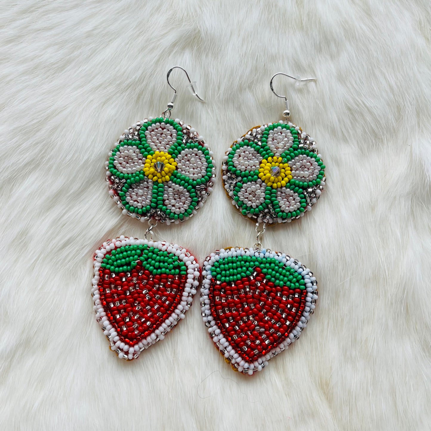 Strawberry with Flower Dangle Flat Stitch Earrings