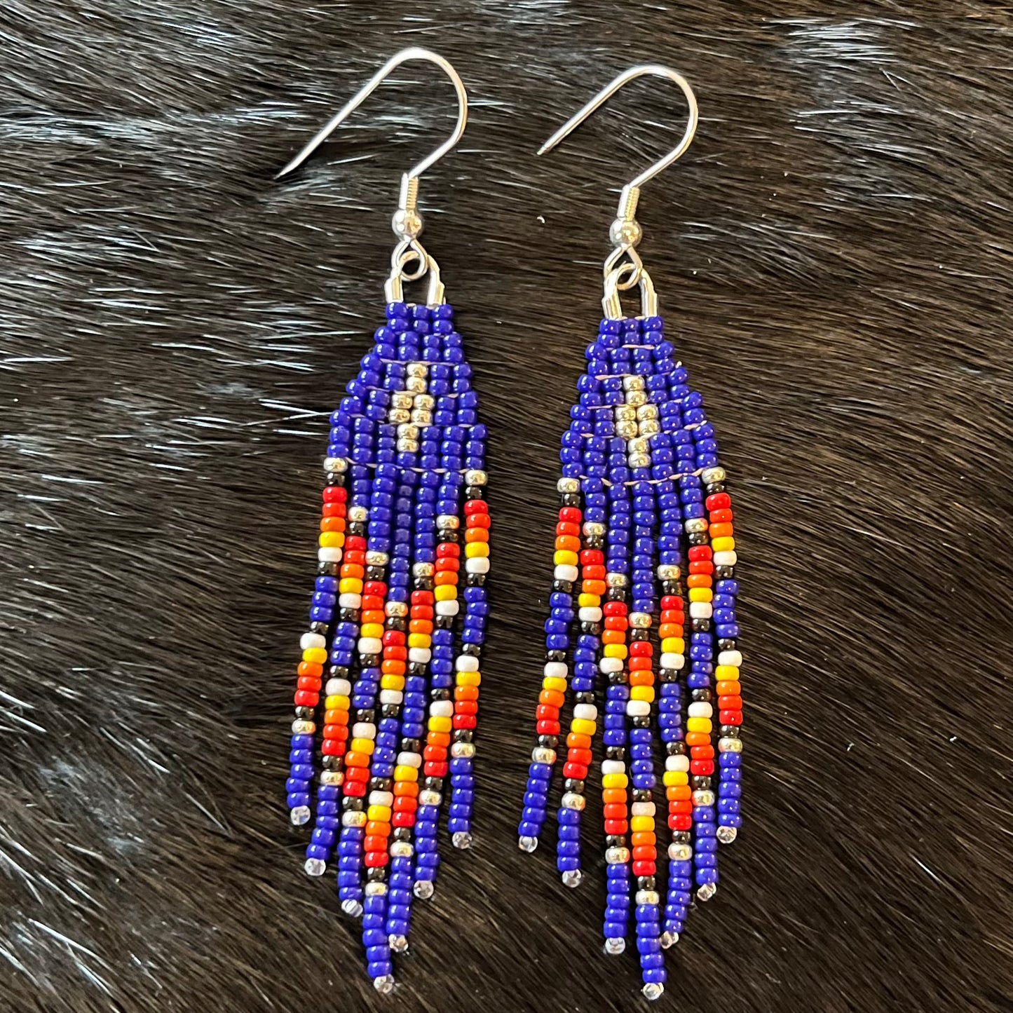 Small Traditional Blue Beaded Fringe Earrings