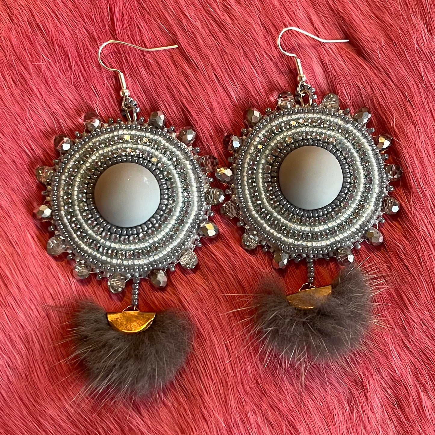 Light Blue Flat Stitch Earrings with Rabbit Fur Pom Pom