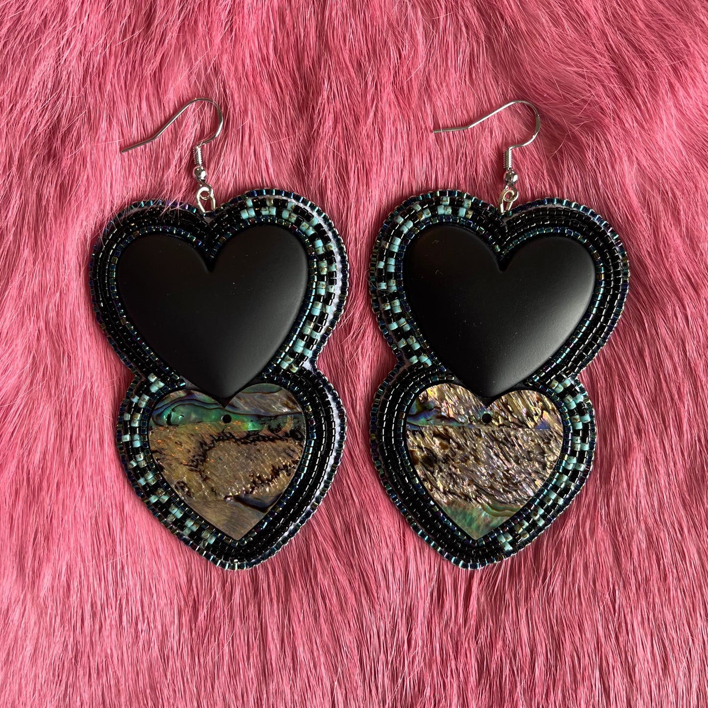 Black And Abalone Flat stitch Heart Earrings