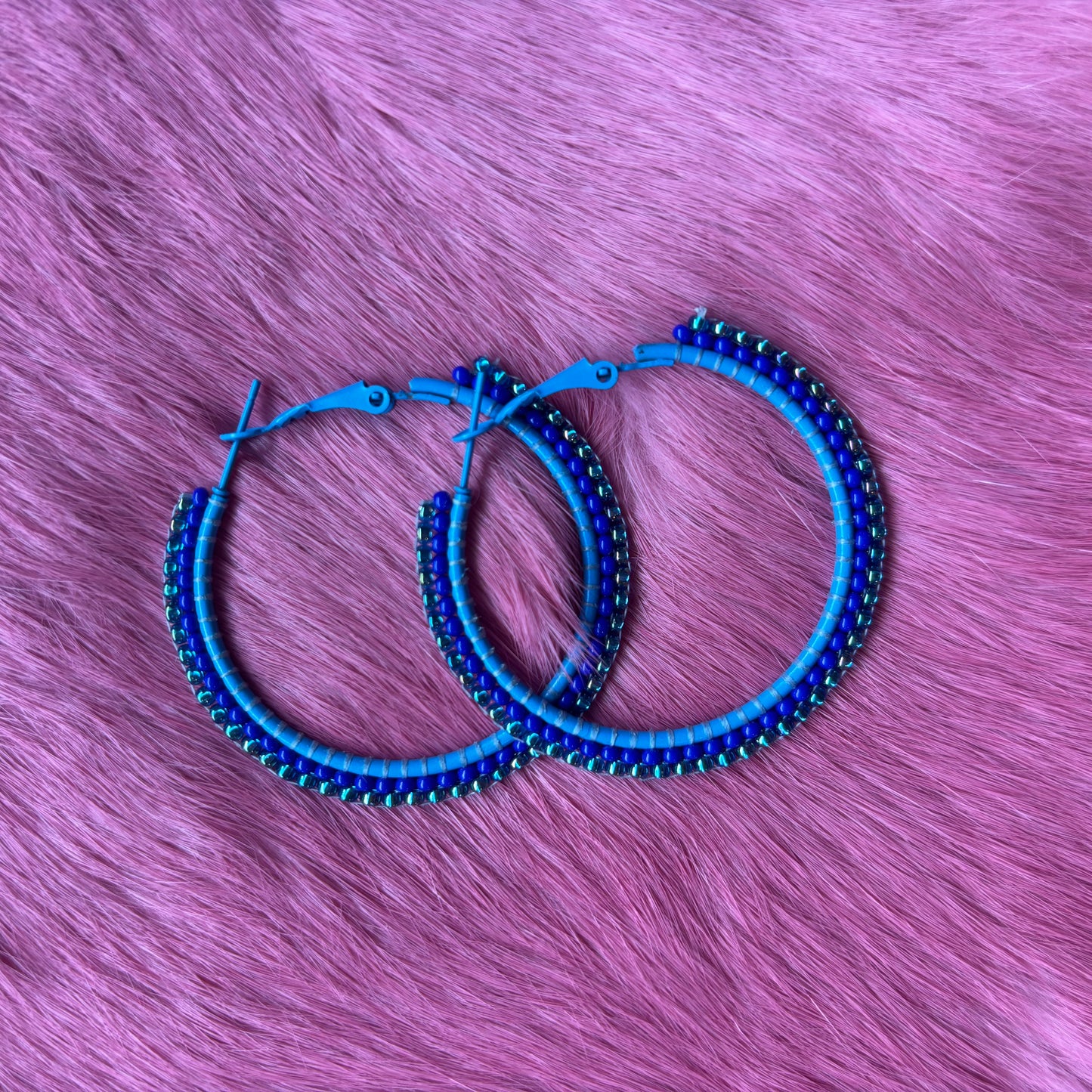 Blue Beaded Hoop Earrings