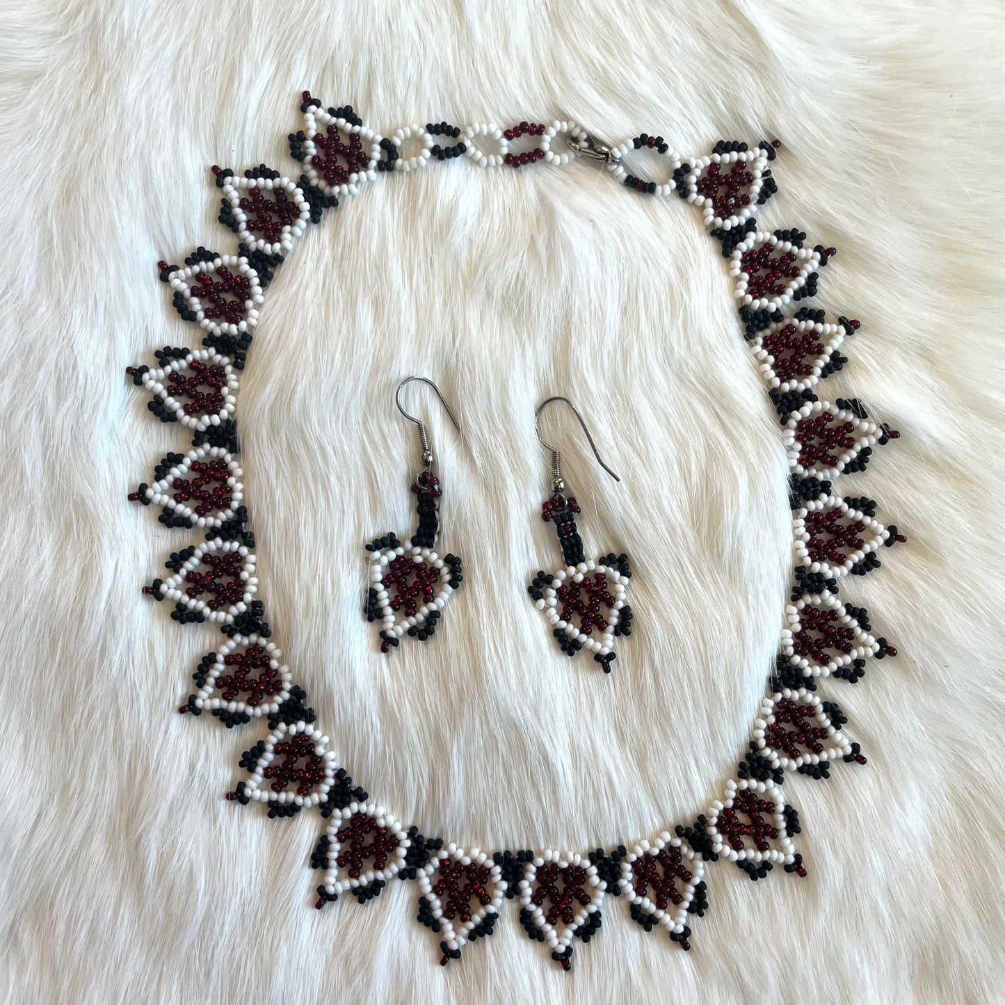 Red, Black and White Necklace and Earring Set