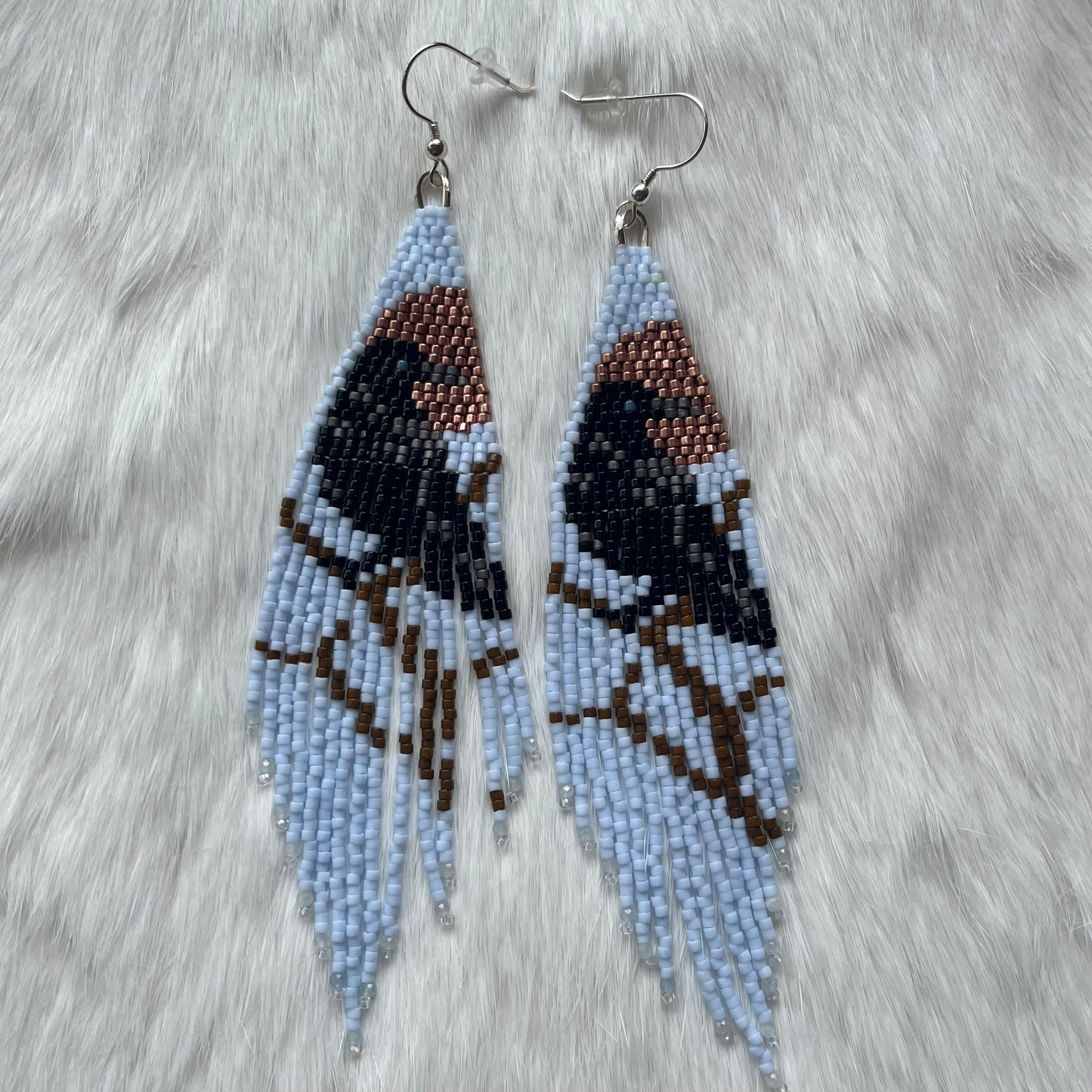 Pale Blue Raven Fringe Earrings with Copper Moon (2mm Aquamarine Tips)