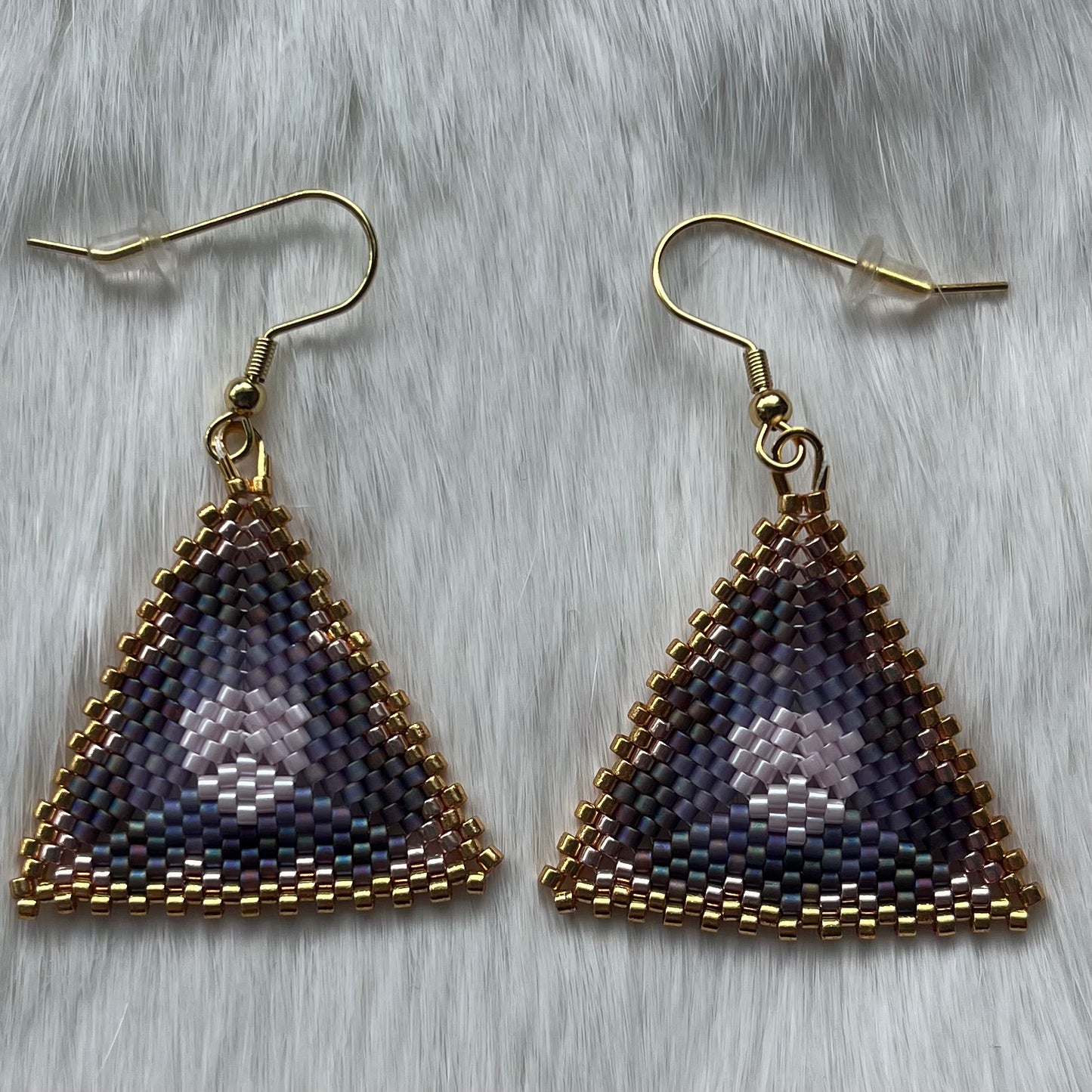 Beaded Triangle Earrings with Purple and Gold