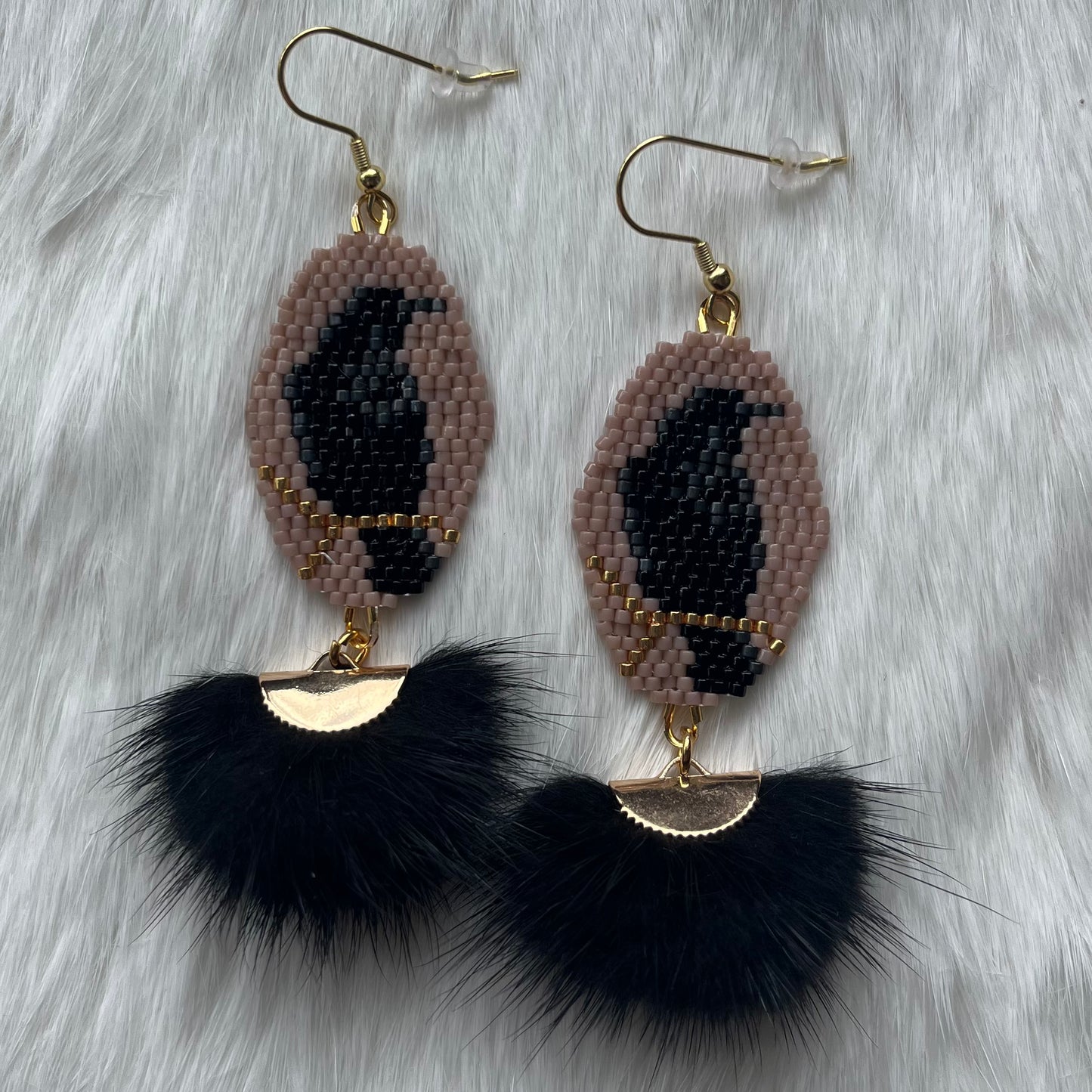 Round Raven Beaded Earrings with Mink Fur