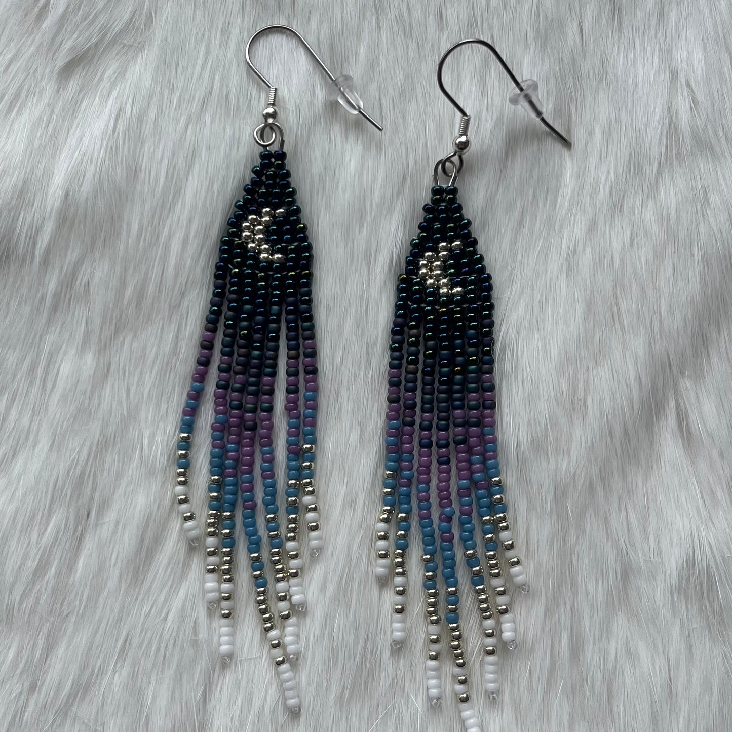 Crescent Moon Beaded Blue and Silver Fringe Earrings