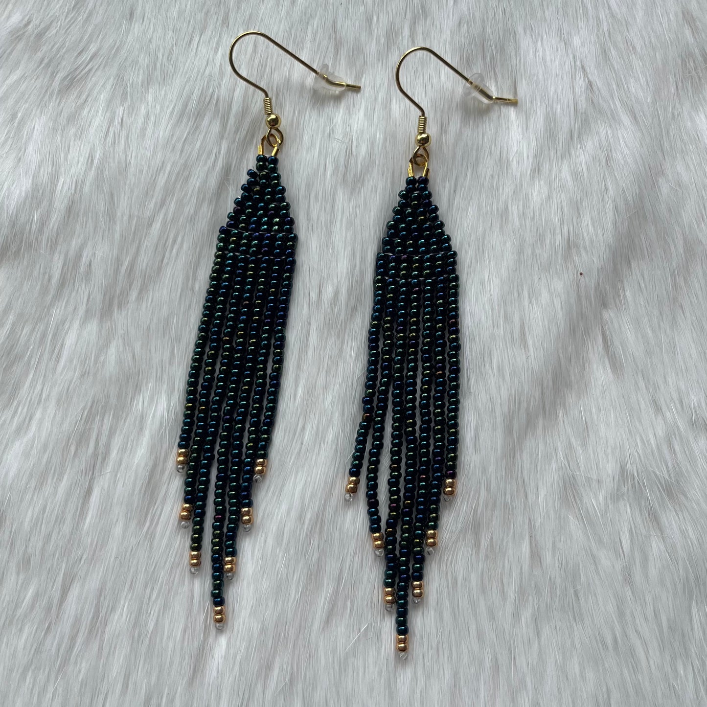 Midnight Iris with Gold Tips Small Beaded Fringe Earrings