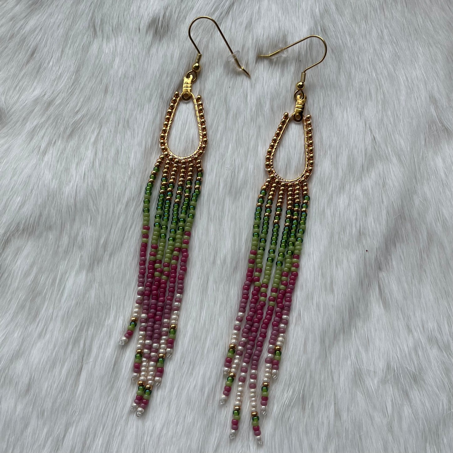 Gold Plated Small Teardrop Hoop Earring with Pink and Green Fringe