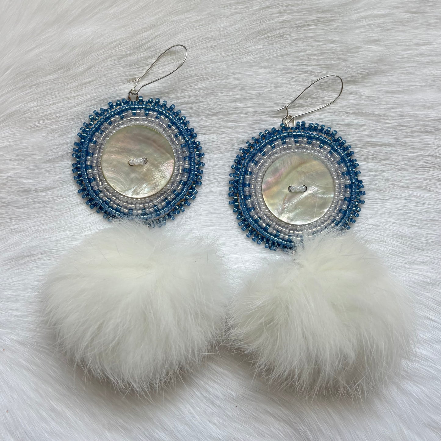 Blue and White Flat-stitch Earrings with Rabbit Fur