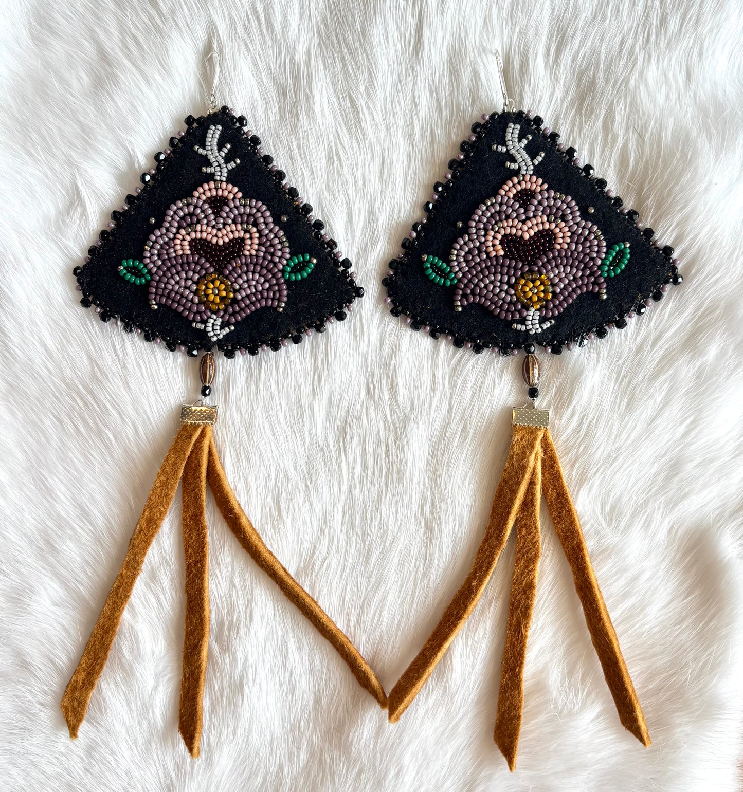 Purple Floral Wedge Earrings with Tassels