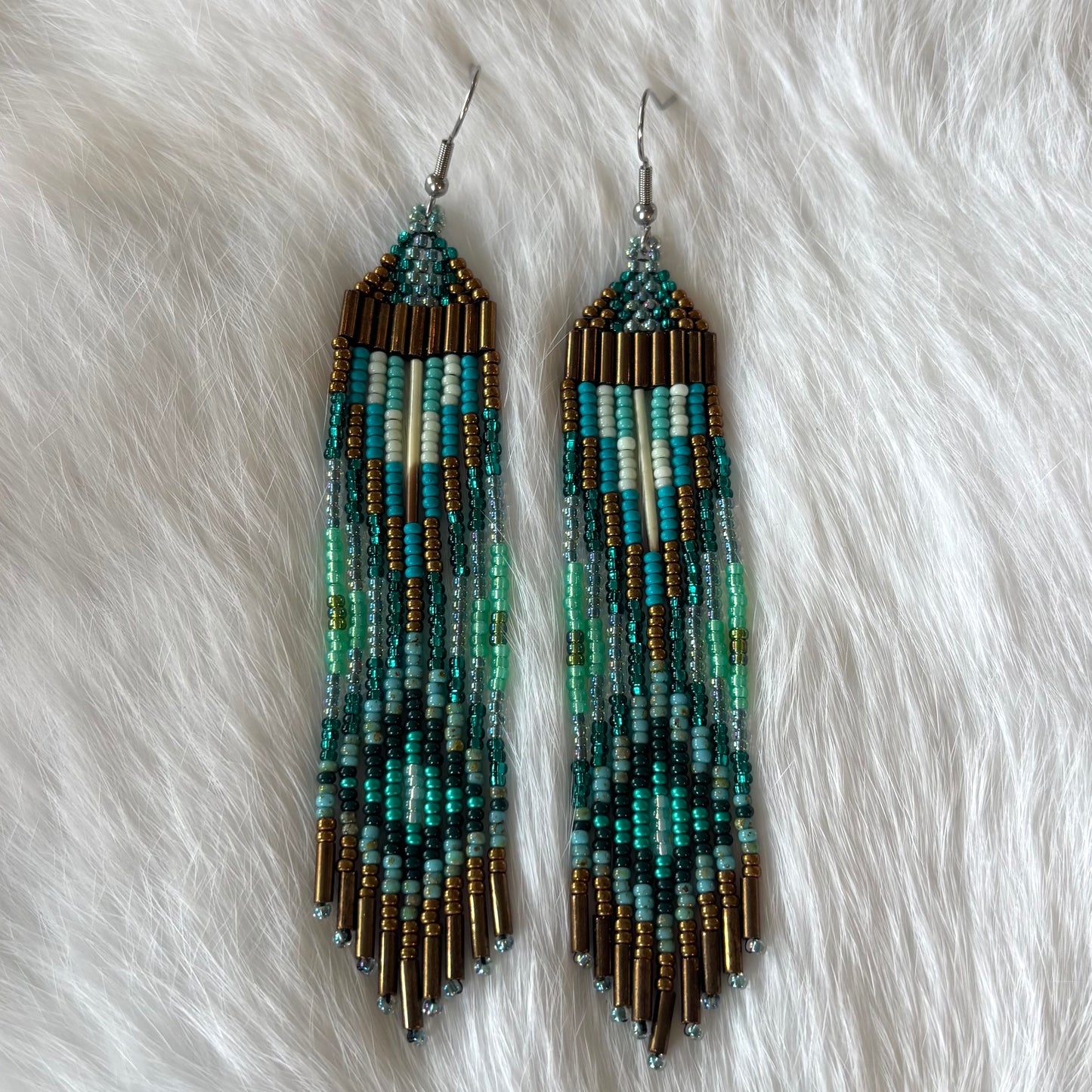 Turquoise and Brown Quill Fringe Earrings
