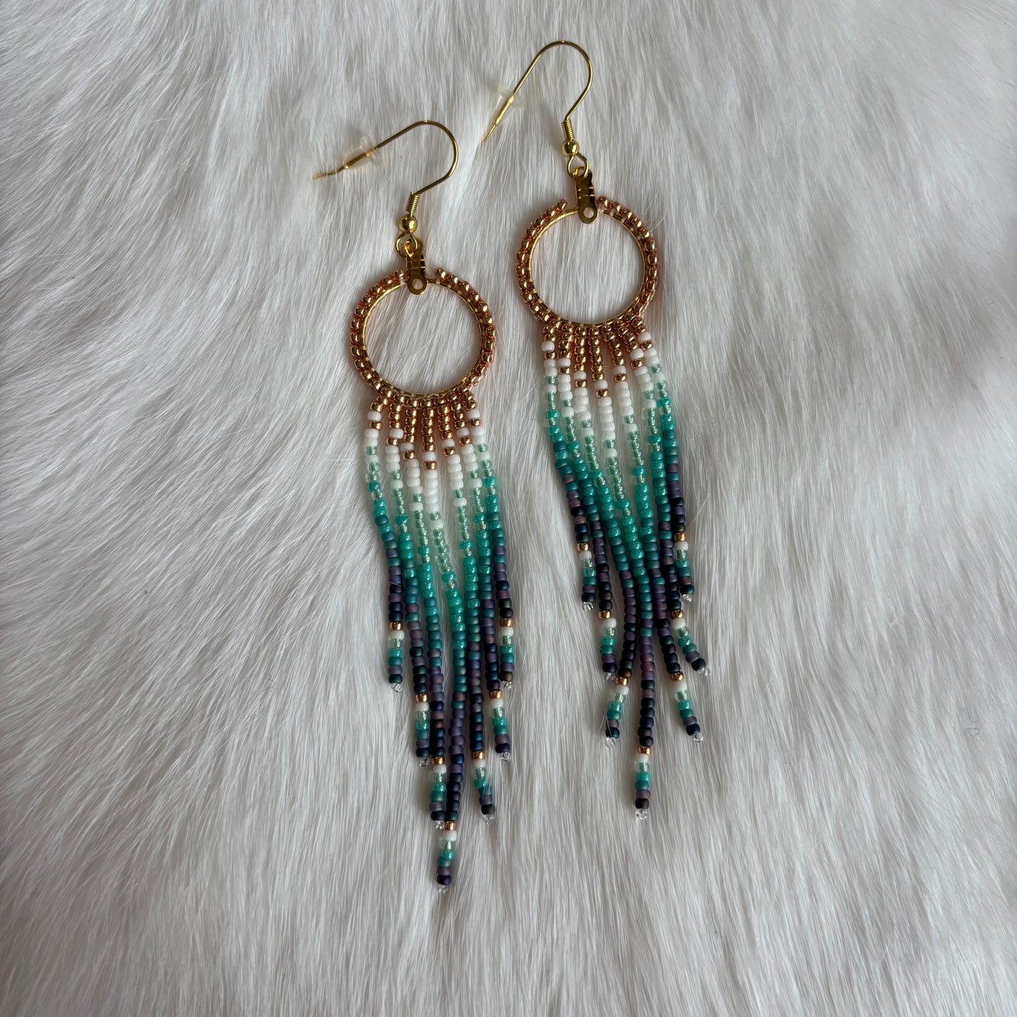 Small Gold Plated Hoops with Beaded Fringe in Shades of Blue