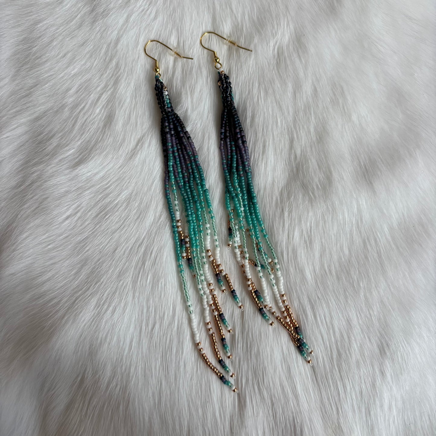 Tubular Peyote Earrings with Long Blue and Gold Fringes