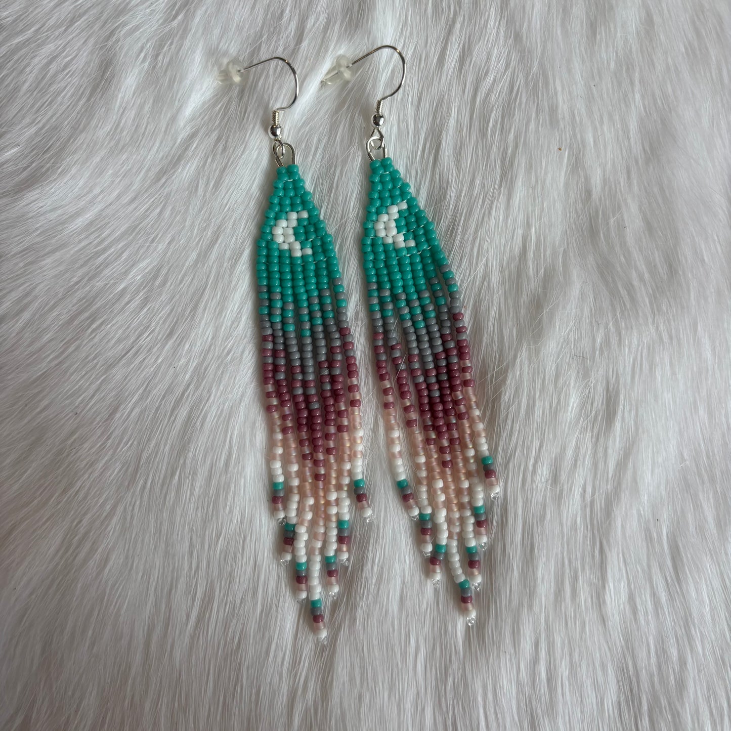 Crescent Moon Petit Pink and Turquoise Fringe Earrings