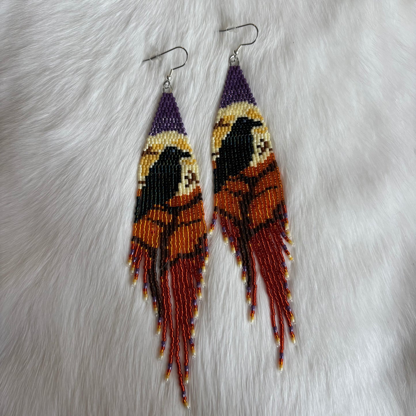 "Nevermore" Raven and Moon Long Purple and Orange Beaded Fringe Earrings
