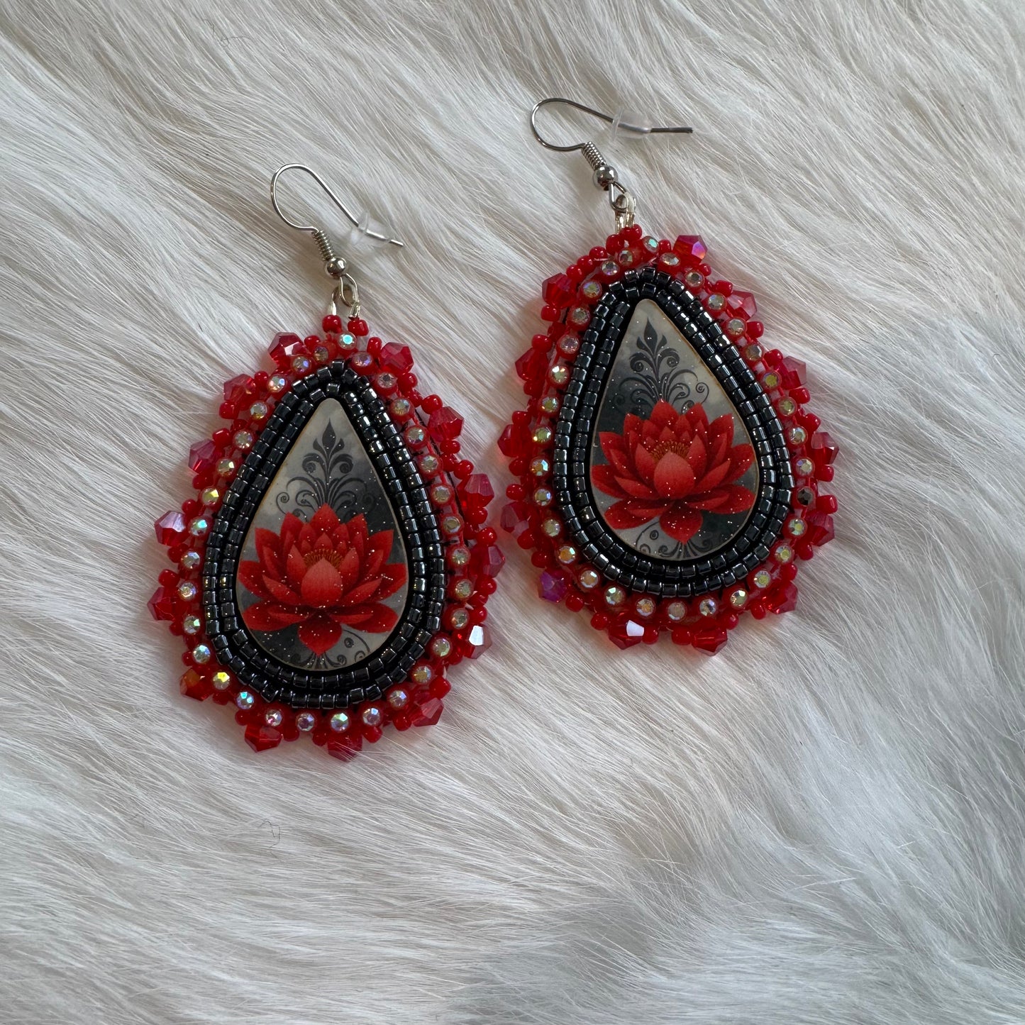 Red Flower Flat Stitch Earrings