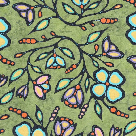 Green Ojibway Florals Fabric