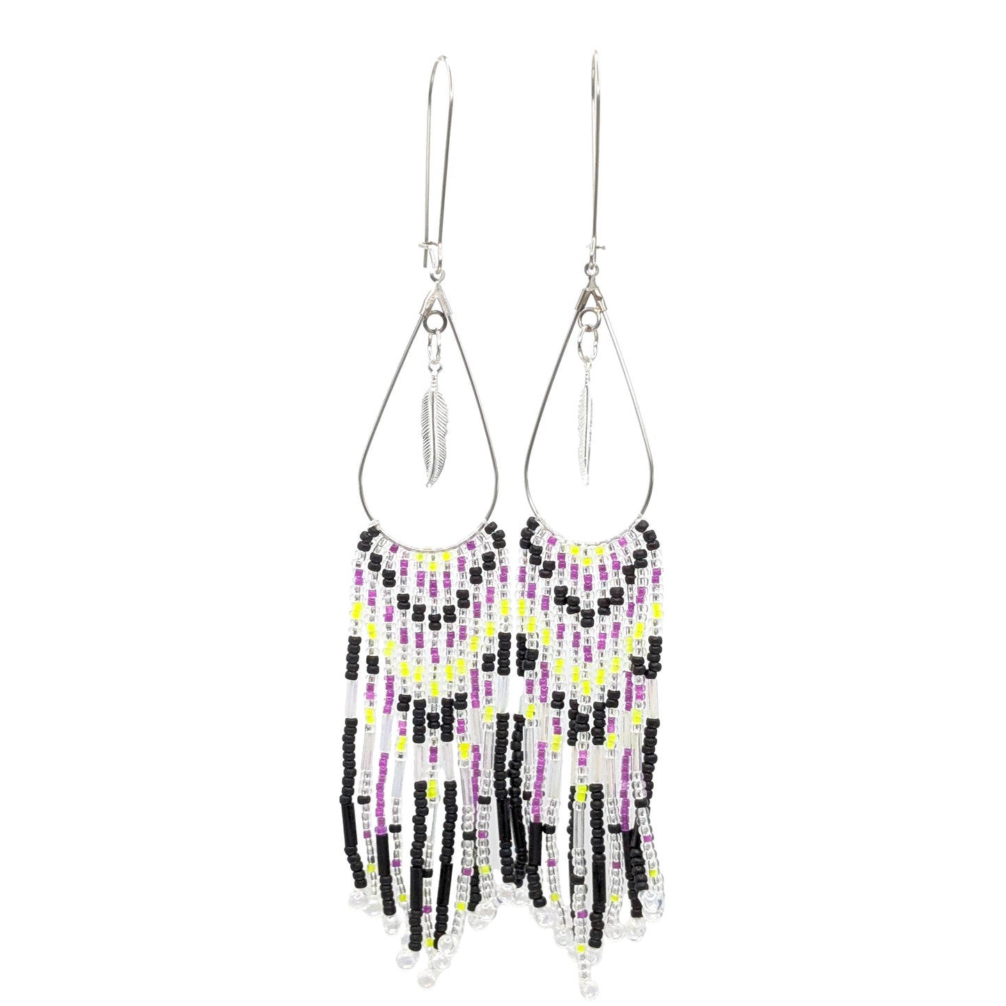 Purple & Neon Yellow Teardrop Chevron Fringe Earrings
