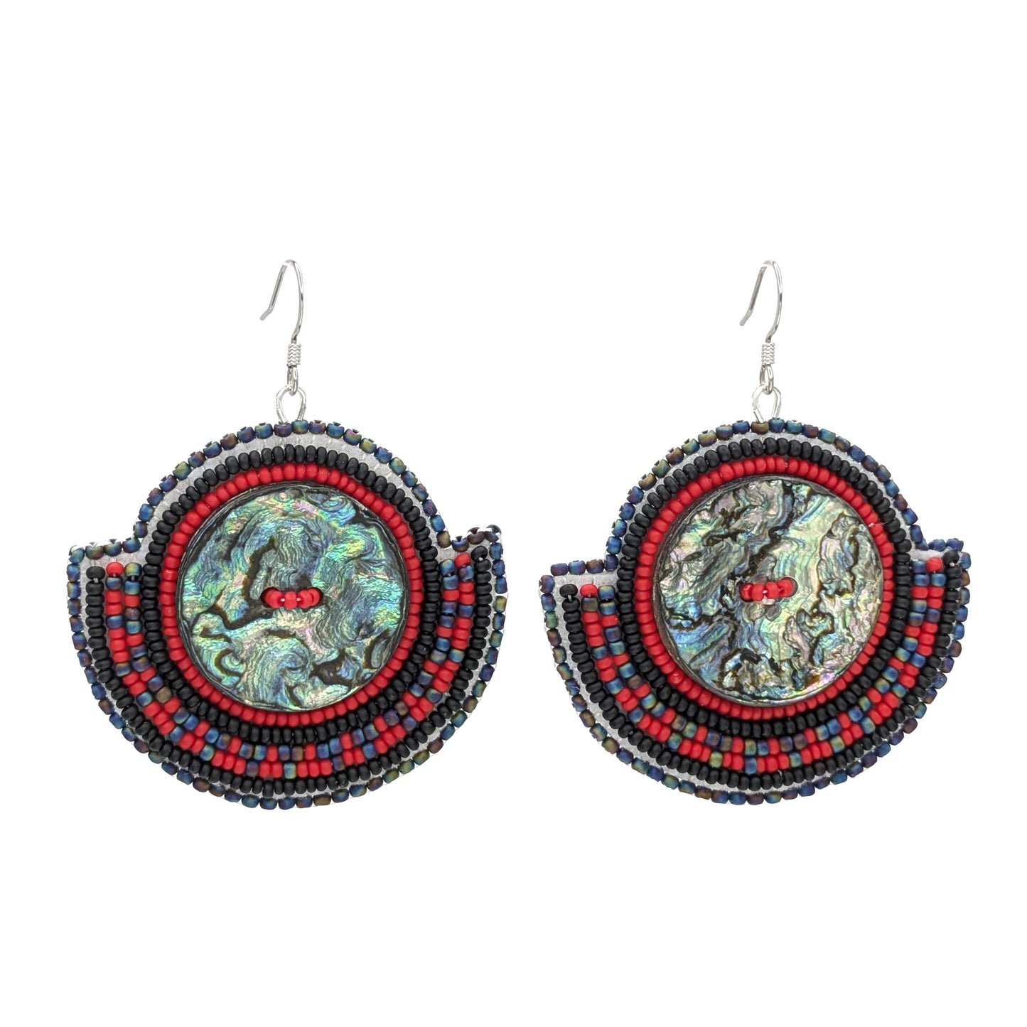 Red & Black Half-Moon Abalone Button Beaded Earrings