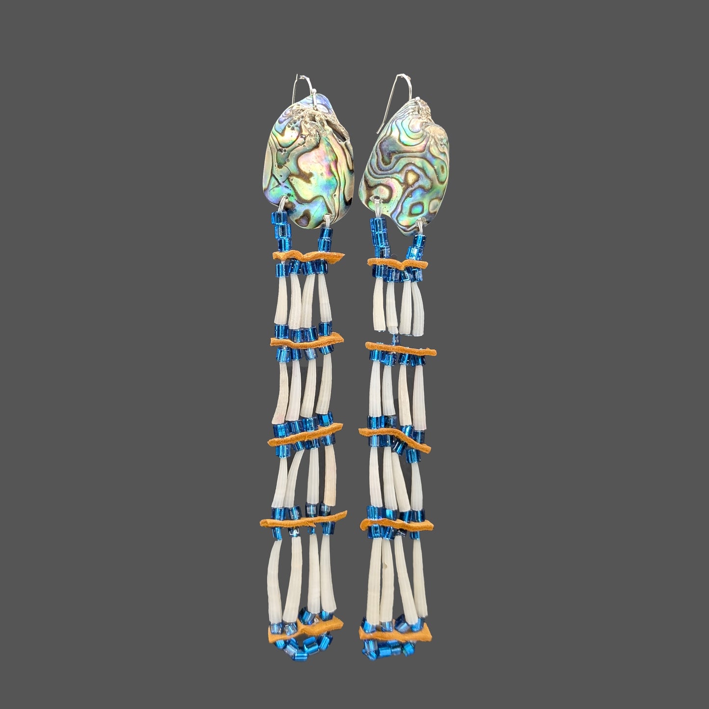 Abalone & Dentalium 4 Tier Drop Earrings with Blue Beads