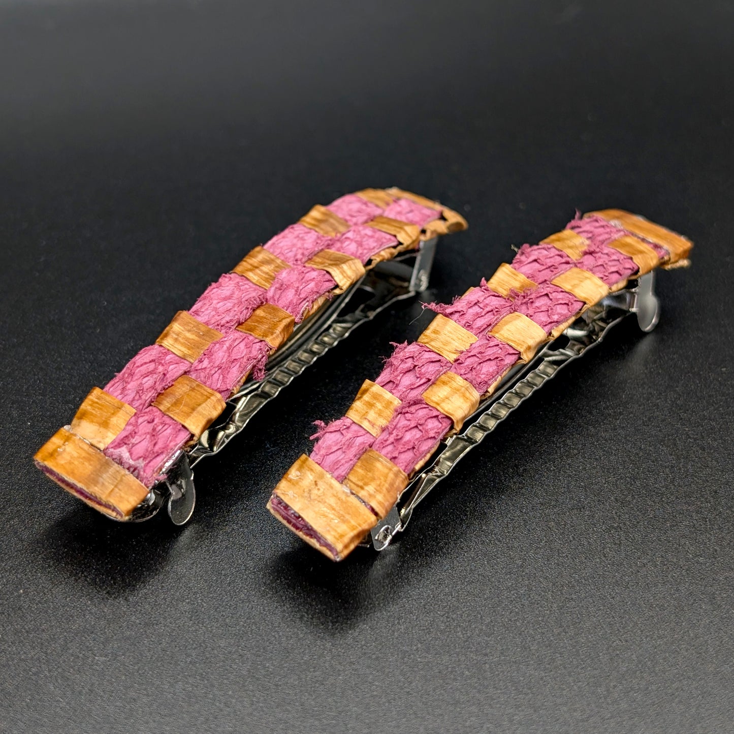 Fuschia Salmon Leather Woven Cedar Hair Barrettes