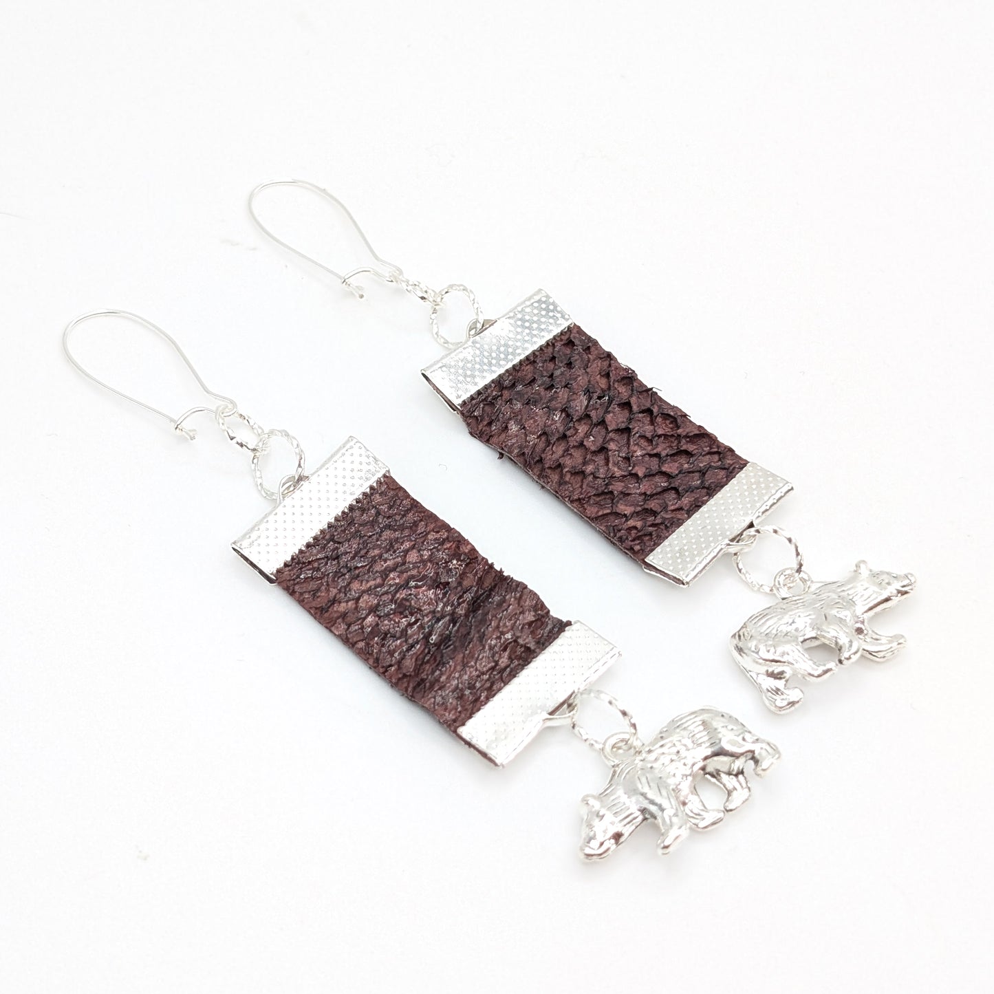 "Un-Bear-ingly Cute" Silver Mama Bear Purple Salmon Leather Dangling Earrings