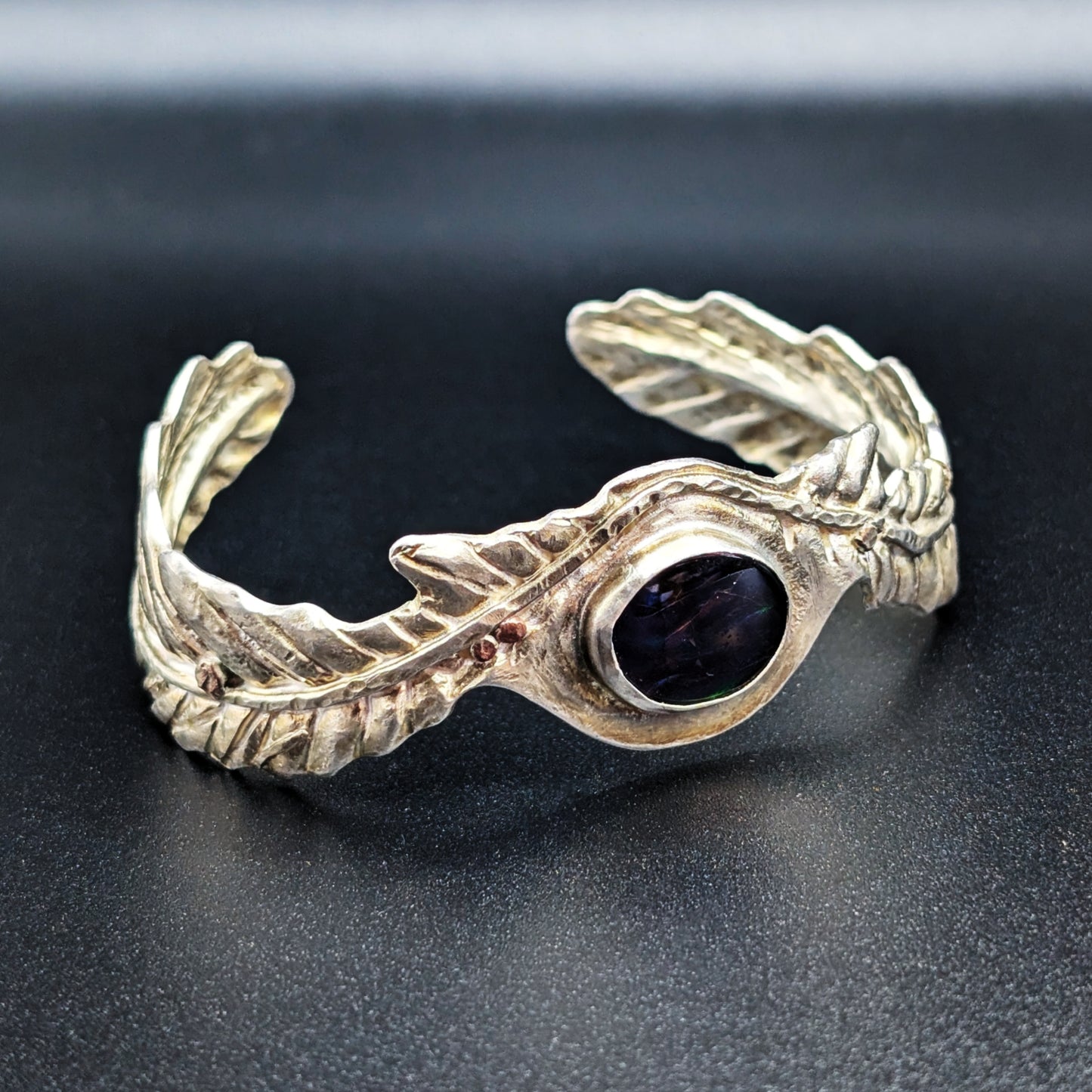 Labradorite & Feather Sterling Silver Cuff Bracelet