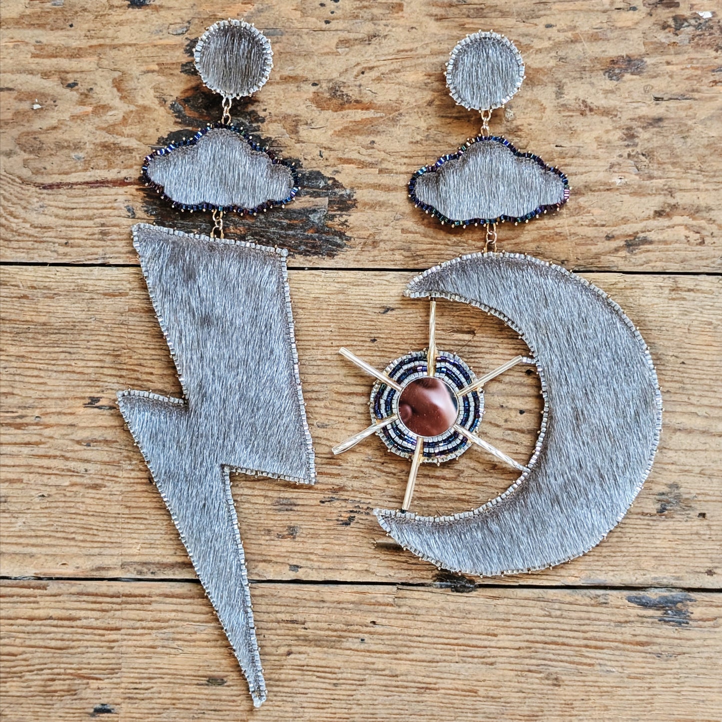 Lightning, Cloud & Moon Beaded Natural Seal Fur Earrings