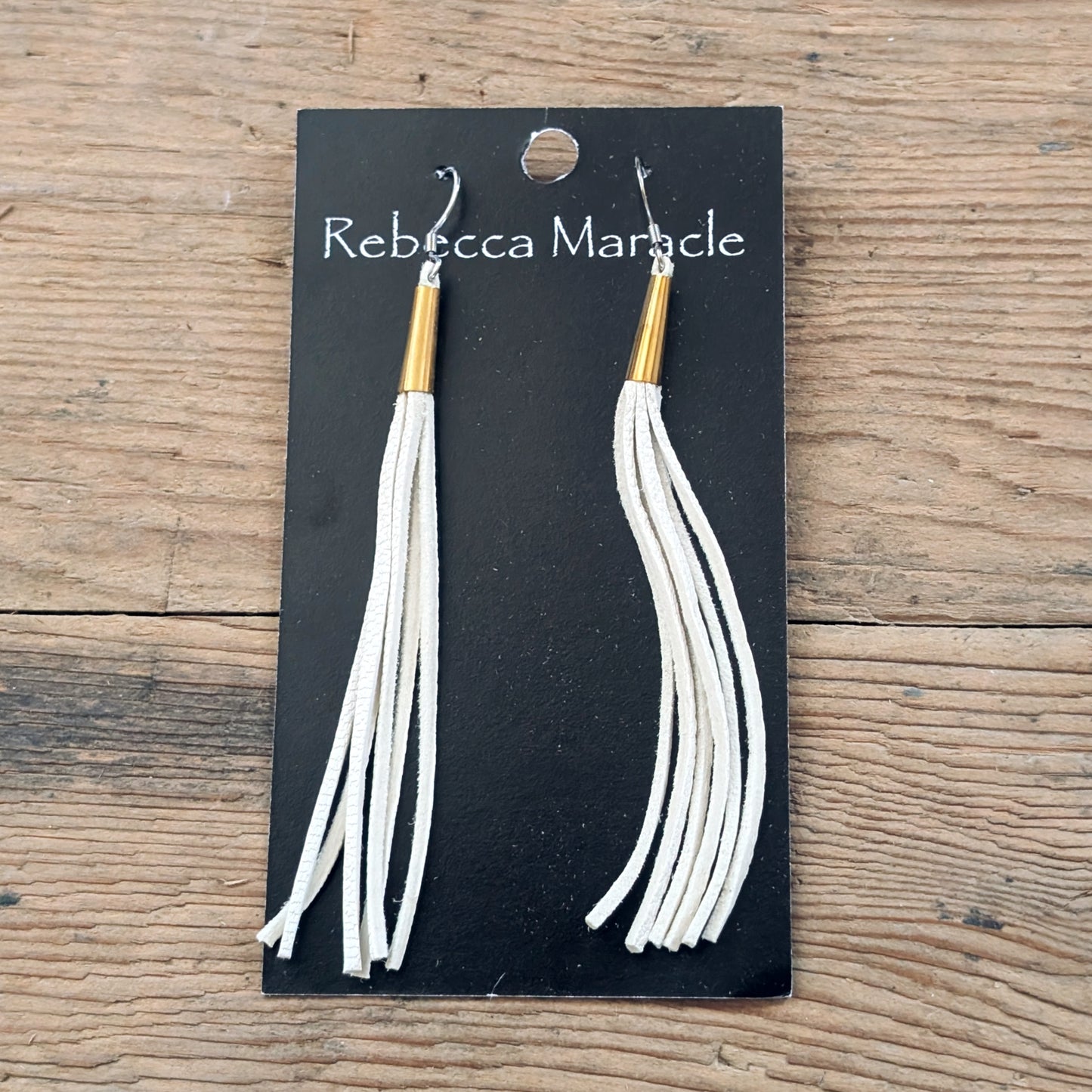 White Deerskin Leather Thin Fringe Earrings with Cones