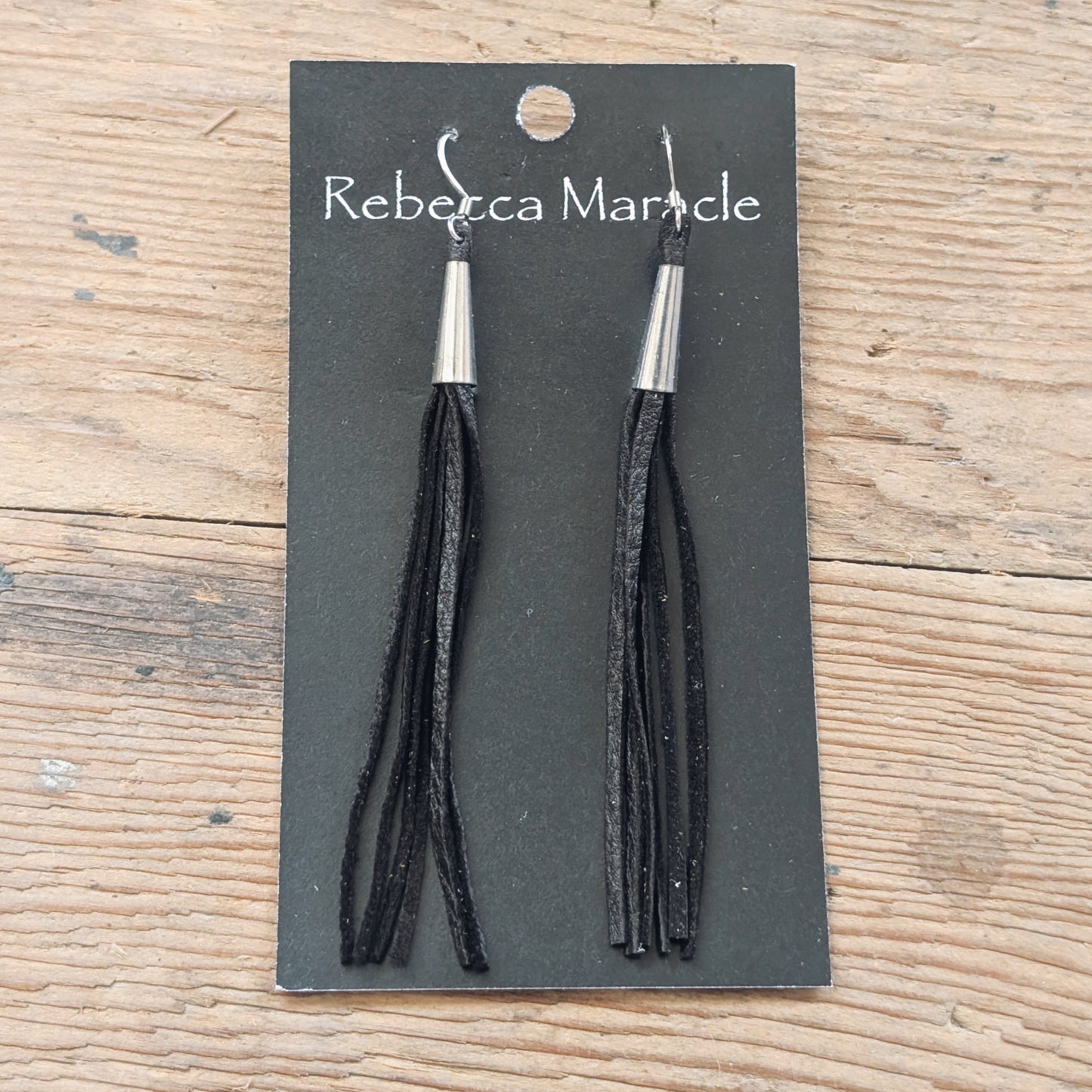 Black Deerskin Leather Thin Fringe Earrings with Cones