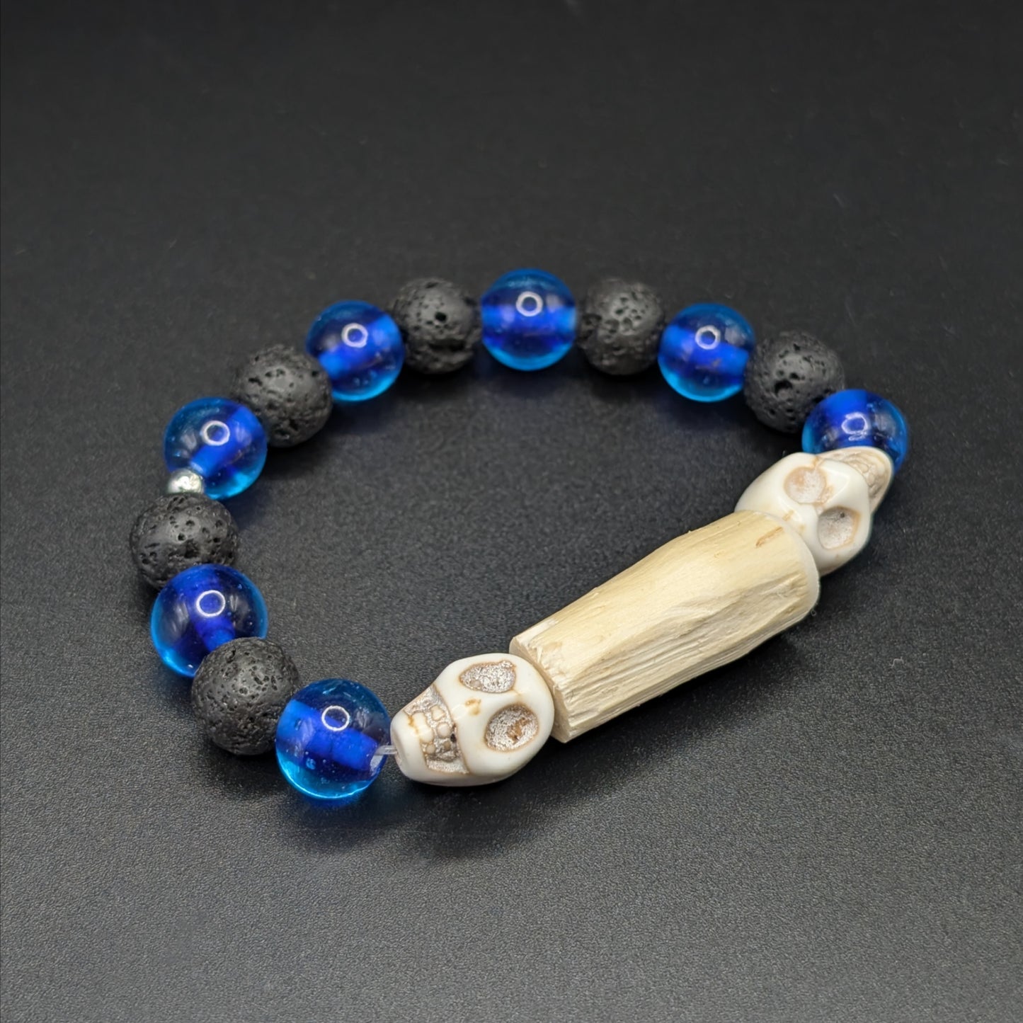 Medium Devil's Club Bead Bracelet with Lava Rock, Large Blue Beads & Skulls