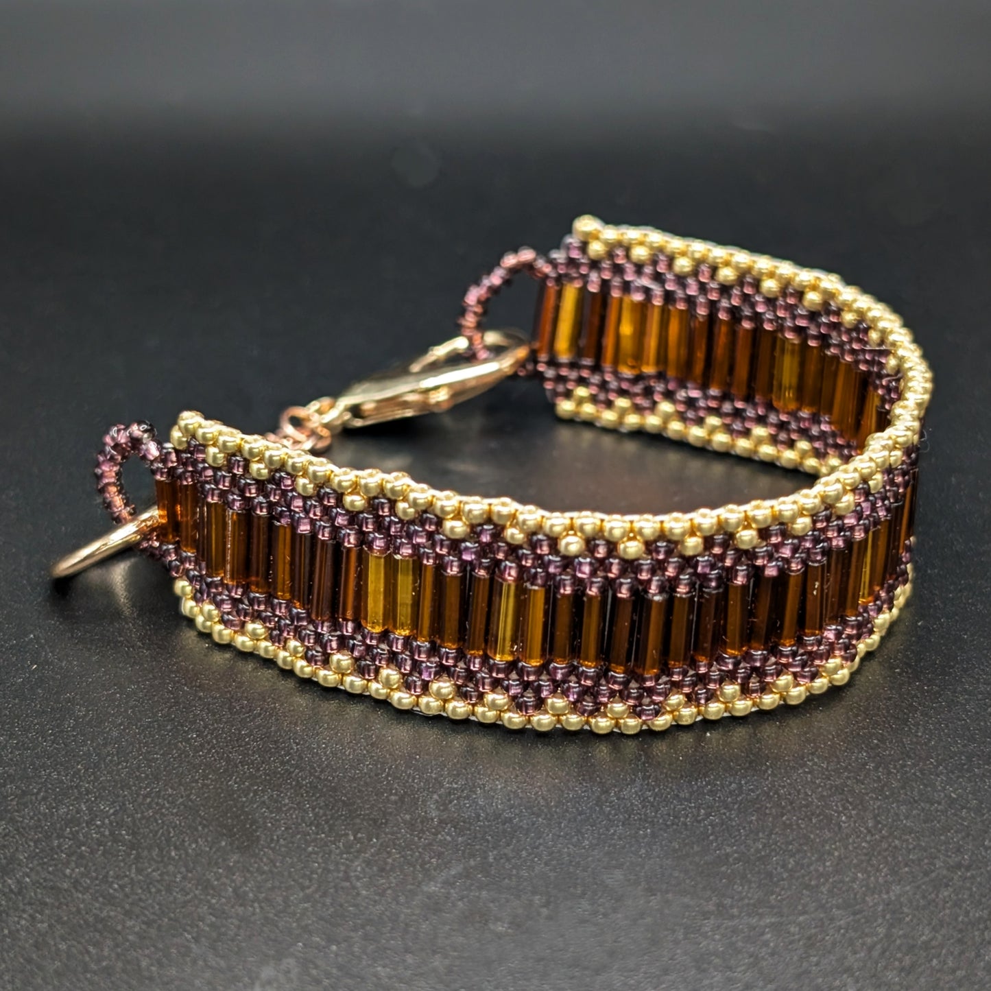 Metallic Copper, Gold & Purple Beaded Bracelet with Large Claps