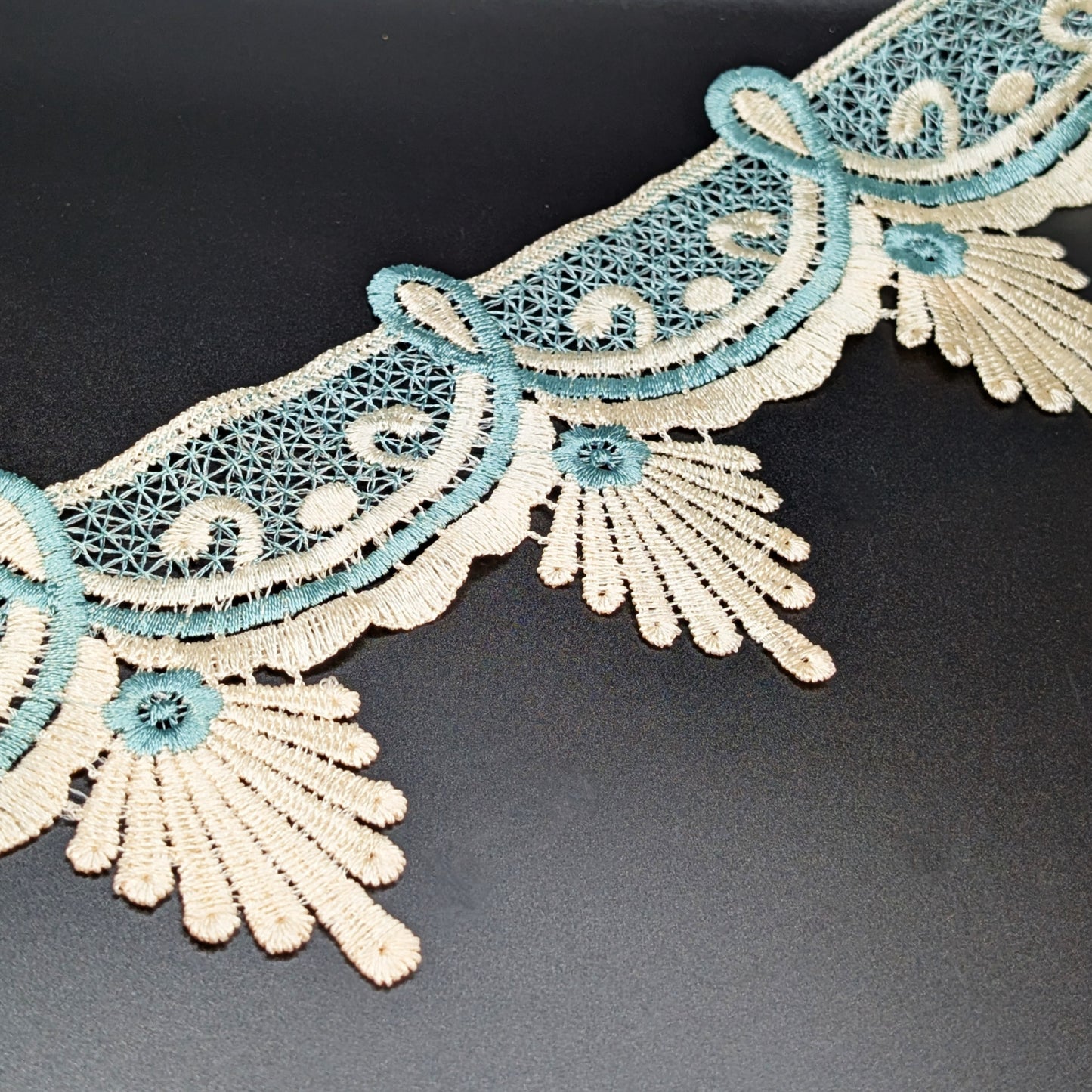 Teal & Cream Flower Loop Lace Trim