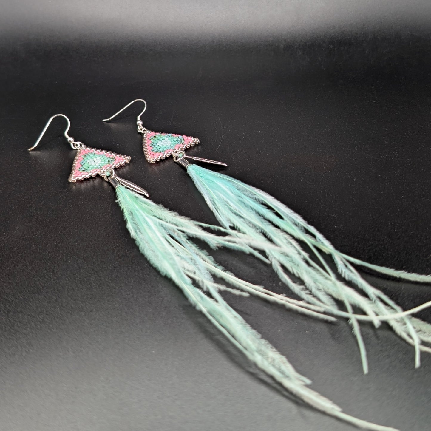 Beaded Teal Gradient Pendant with Silver Feather & Light Teal Feather Dangling Earrings
