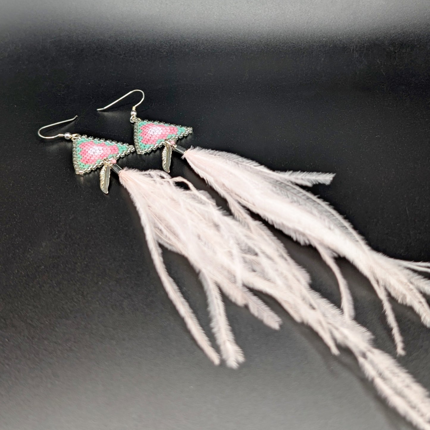 Beaded Light Pink Gradient Pendant with Silver Feather & Pale Pink Feather Dangling Earrings