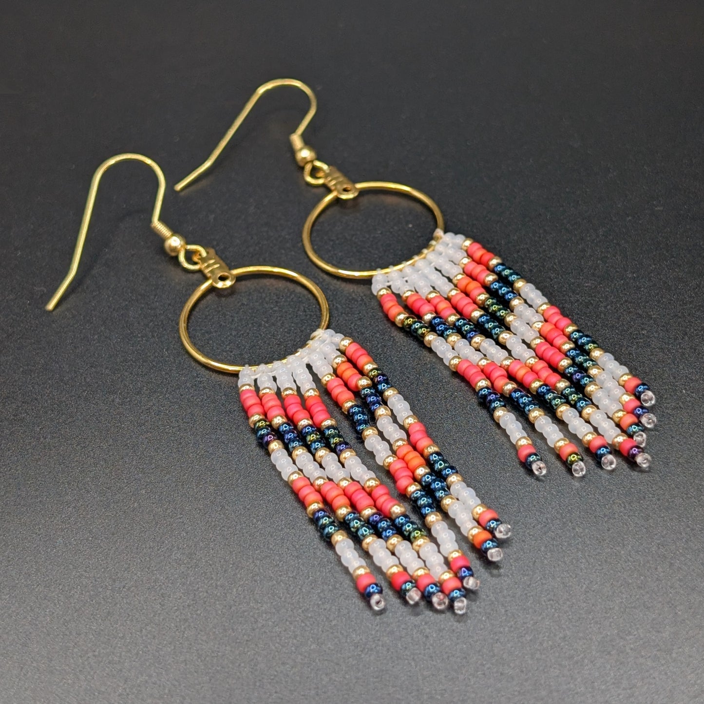 Chevron Matte Orange, Navy & Dangling Gold Hoop Beaded Small Fringe Earrings