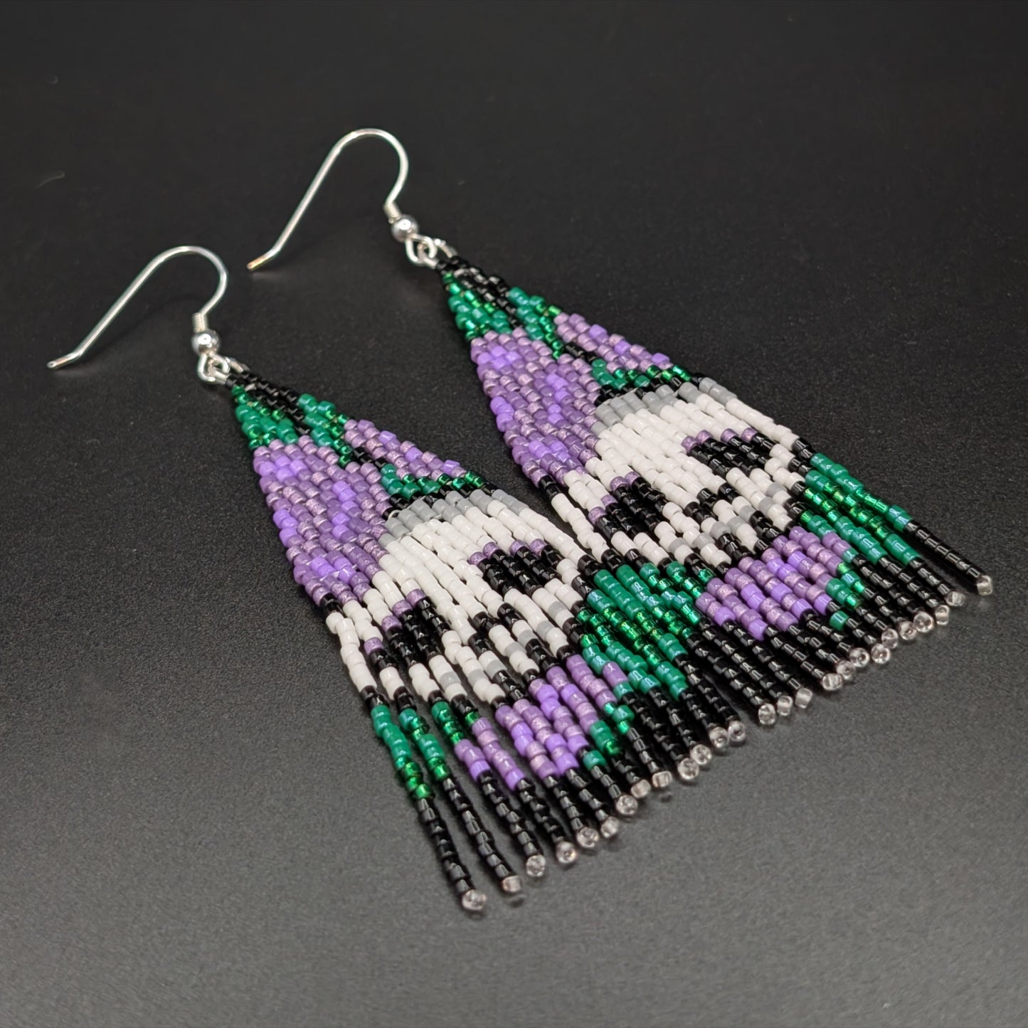 Skull with Purple Flower Fringe Beaded Earrings