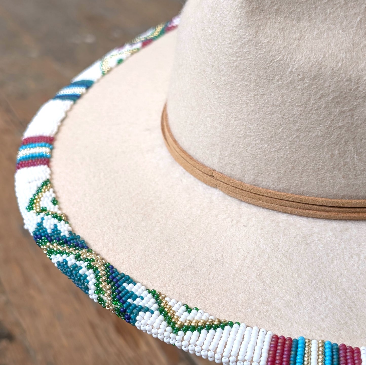 Cranberry & Teal Beaded Wool Wide Brimmed Beige Hat