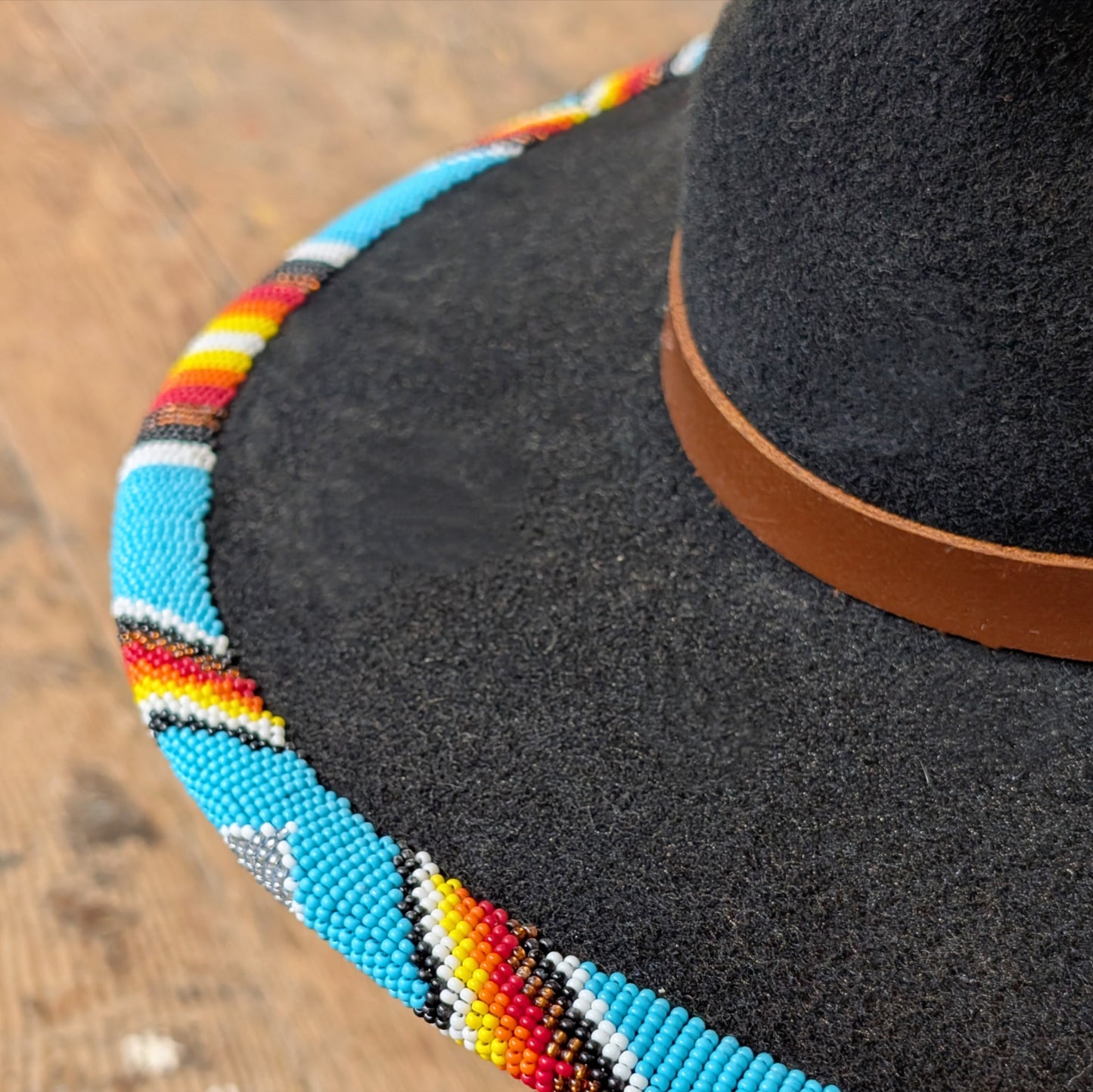Turquoise Medicine Beaded Wool Wide Brimmed Black Hat