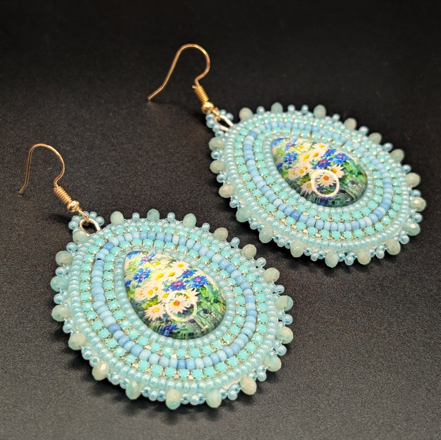 Pond Water Pearly Beaded Droplet Earrings Monet Inspired Floral Cabochons