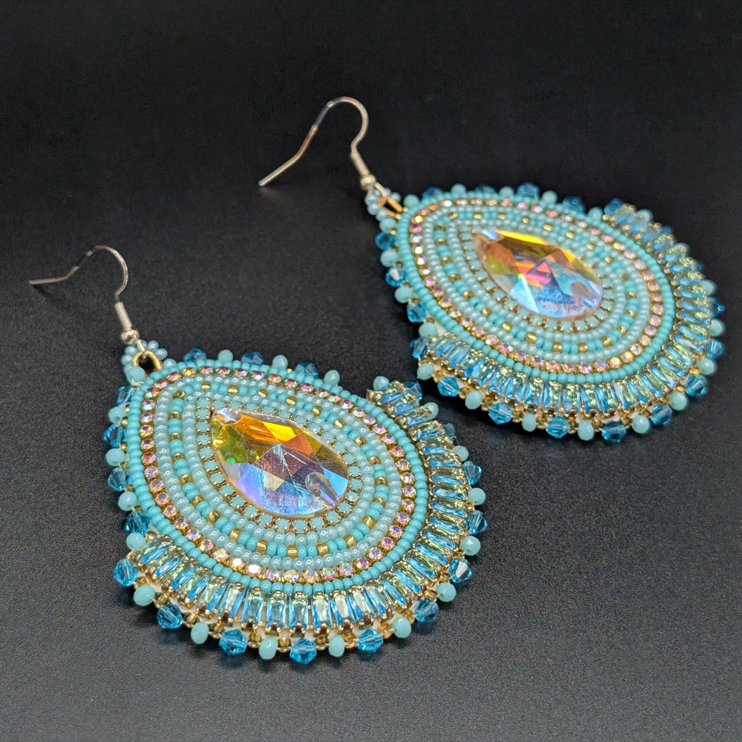 Turquoise & Gold Large Teardrop Beaded Earrings with Blue Rhinestone Detail