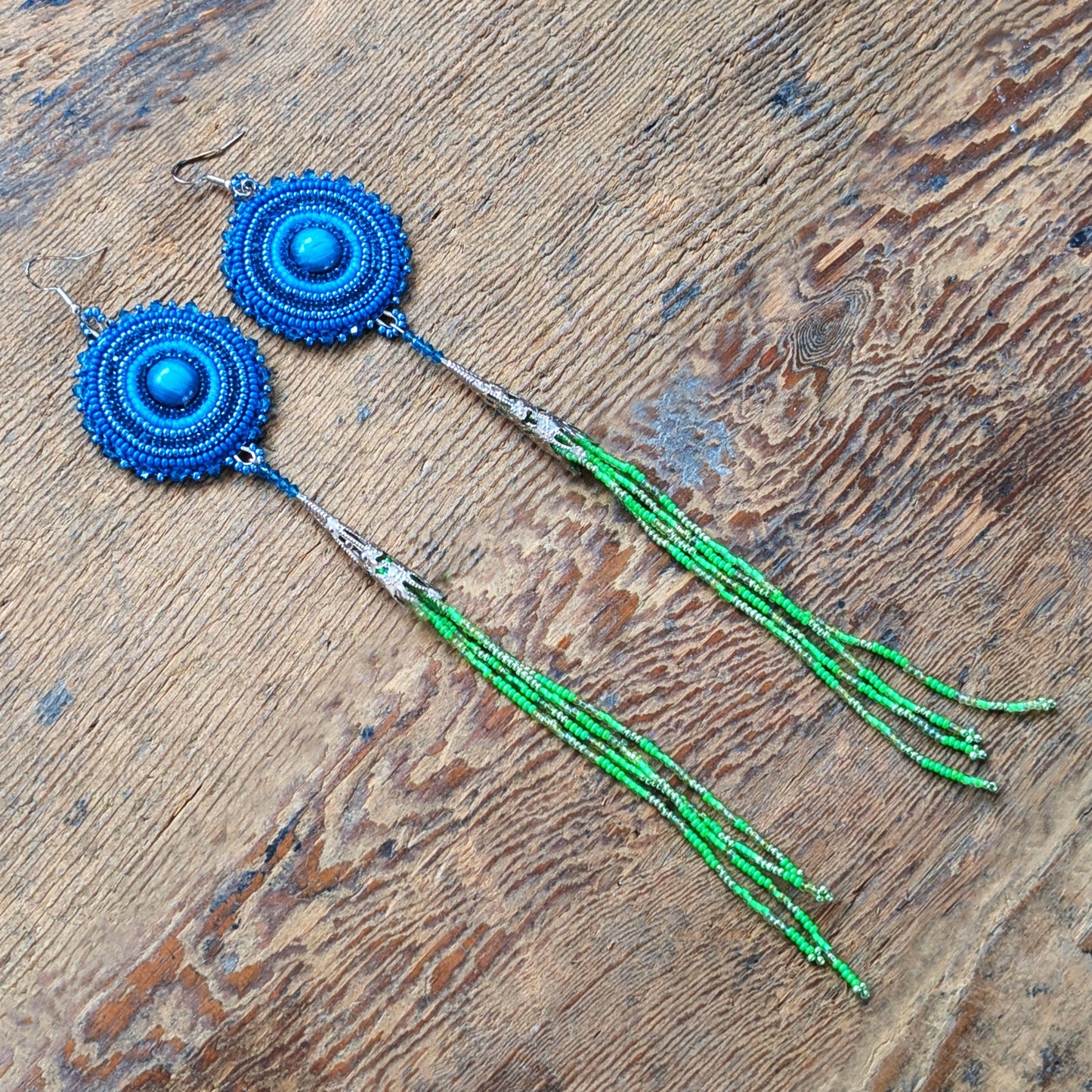 Glittering Ocean Blue Beaded Earrings with Neon Green Dangling Fringe