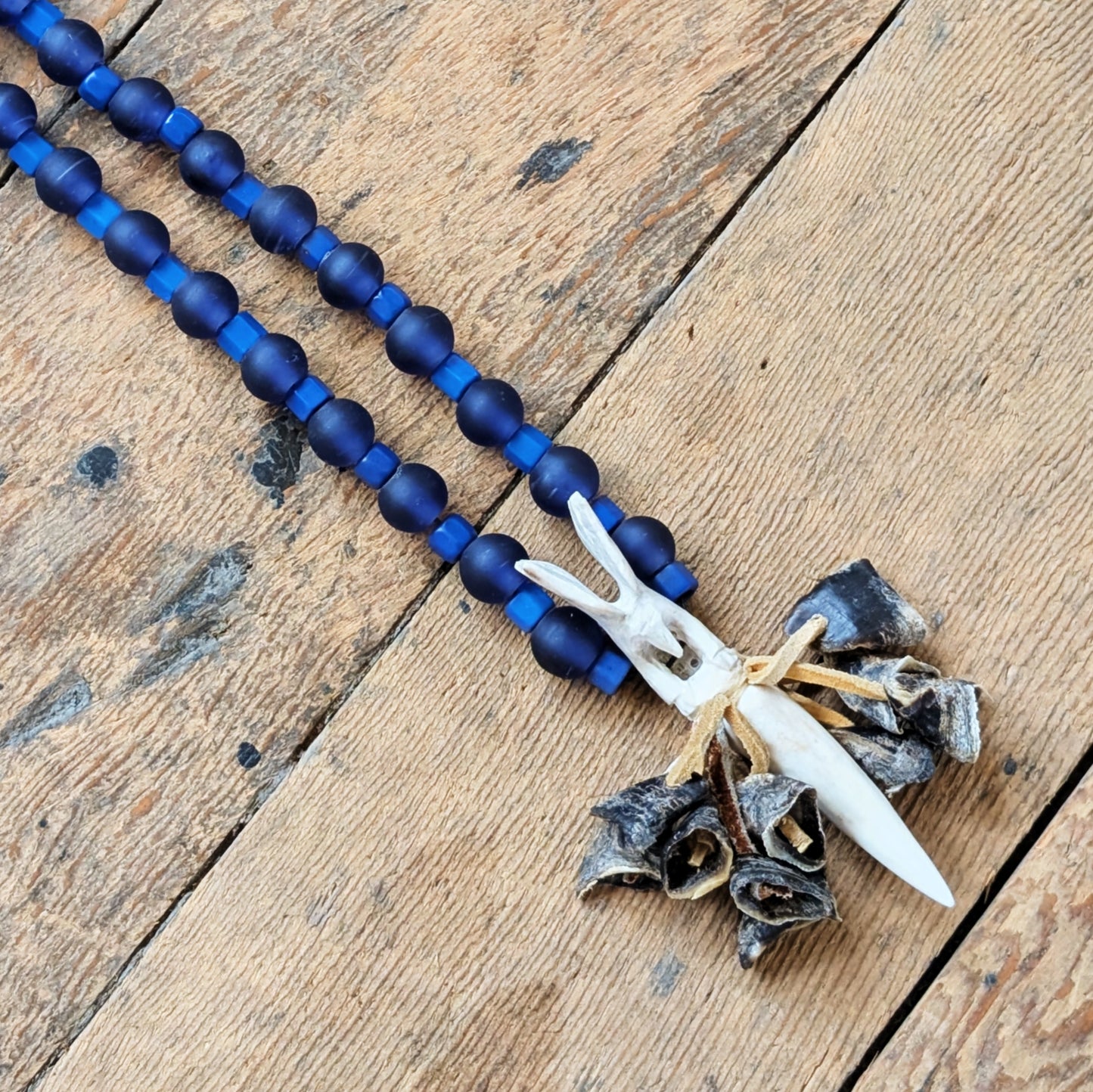 Carved Deer Antler Necklace with Deer Hooves & Glass Beads